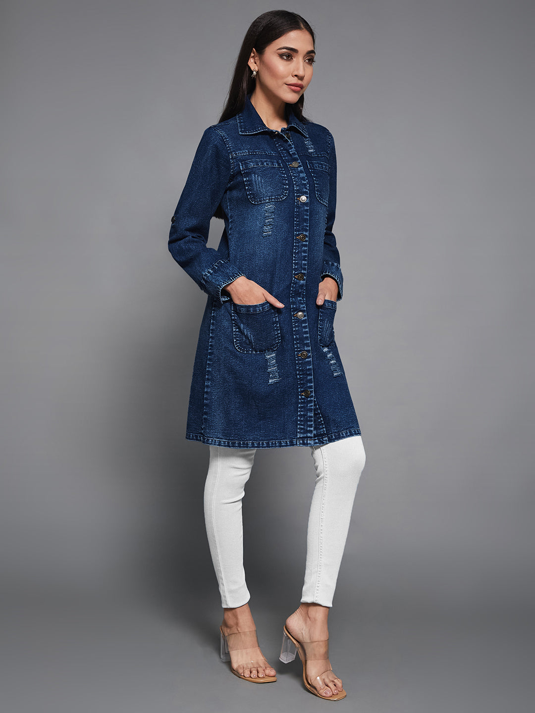 Women's Navy Blue Solid Polo Neck Full Sleeves Patch Pocket Denim Overcoat Knee-Length Jacket