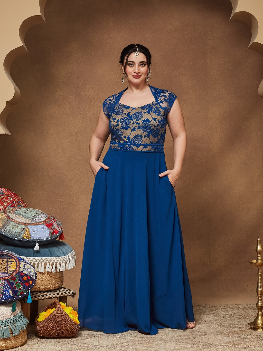 Royal Blue Sweet-Heart Neck Cap-Sleeve Floral Fit & Flare Georgette Maxi Dress for Women