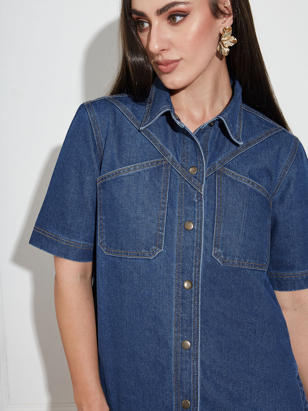 Women's Navy Blue Boxy Denim Shirt