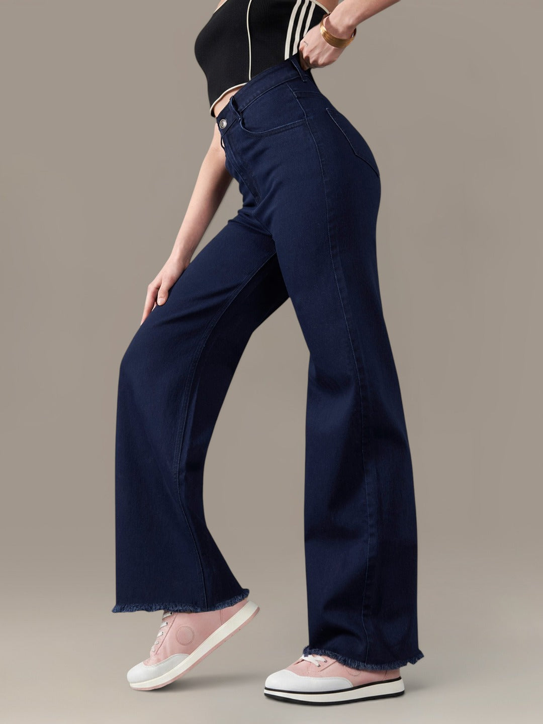 Navy Blue Wide-Leg High-Rise Stretchable Denim Jeans for Women
