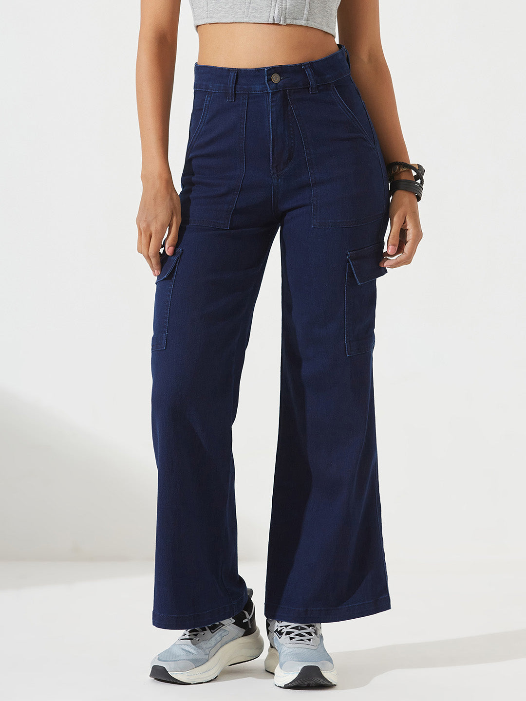Navy-Blue Wide-Leg High-Rise Clean-Look Stretchable Denim Cargo Jeans for Women