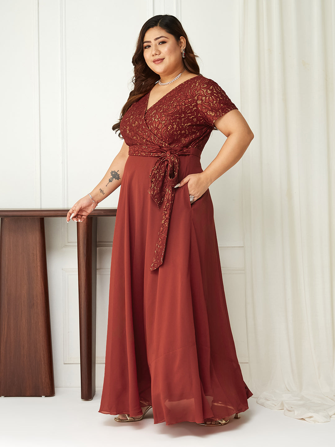 Women's Brick Red V-Neck Short Sleeve Self-Designed Lace Overlaid Georgette Maxi Dress