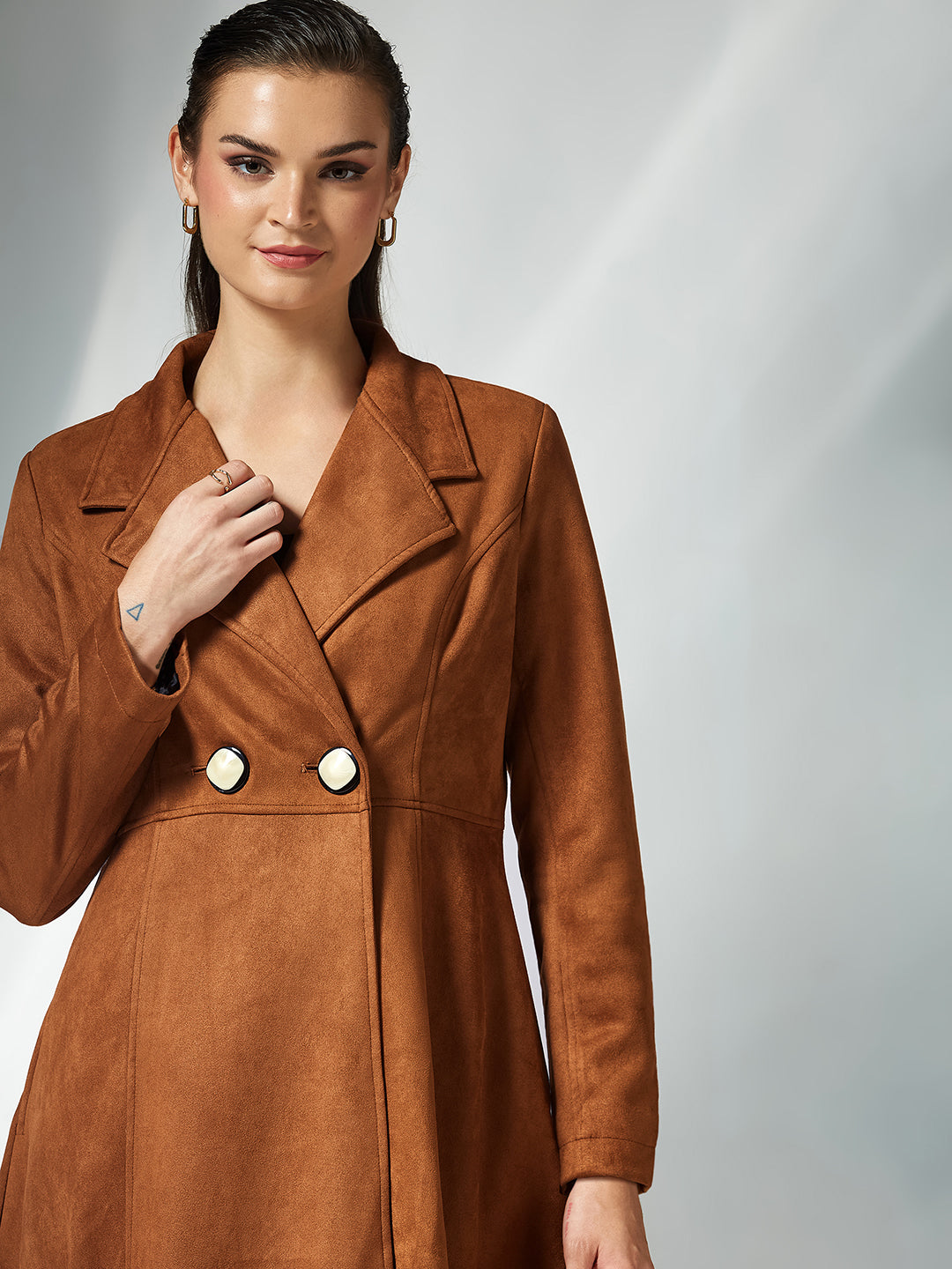 Women's Brown Solid V-Neck Full Sleeves Side Pocketed Polyester Double Breasted Longline Jacket
