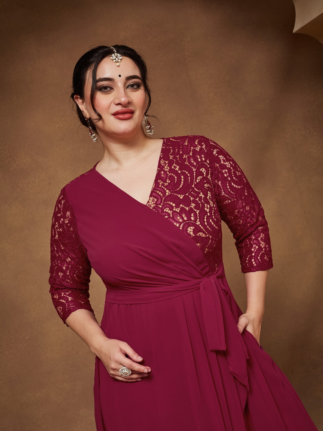 Dark Pink Colored V-Neck Three-Quarter Sleeve Self-Designed Wrap Maxi Georgette Dress for Women