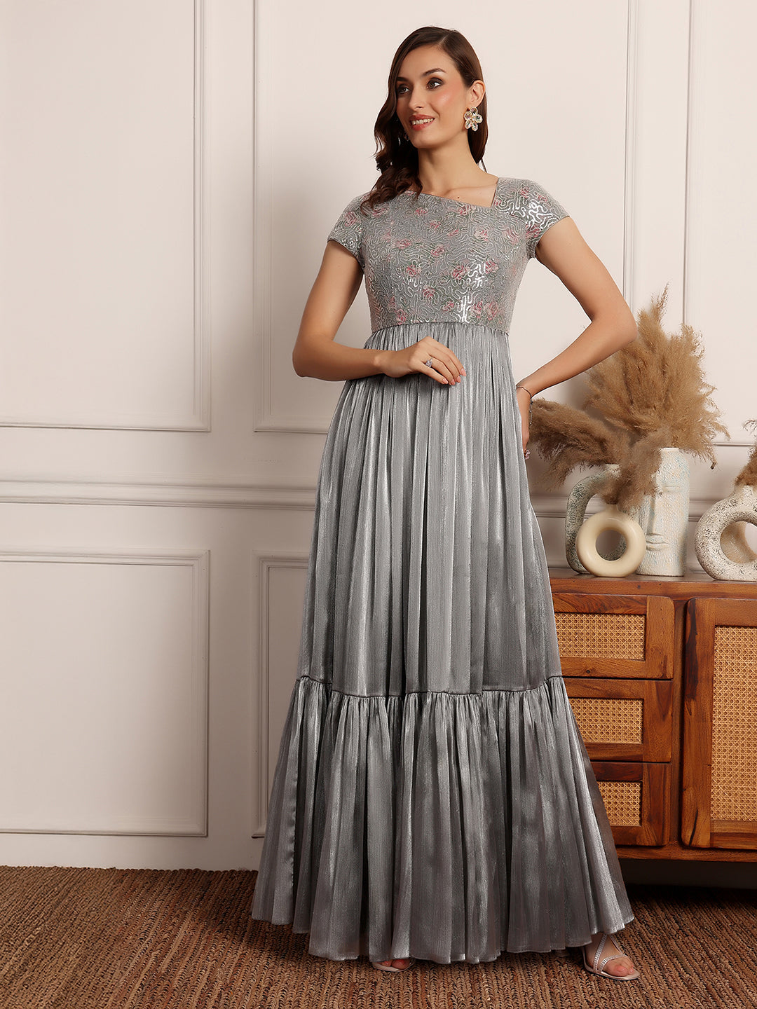 Silver Sequinned Layered Maxi Dress Gown Frock for Women |  Ladies' Life of the Party Collection