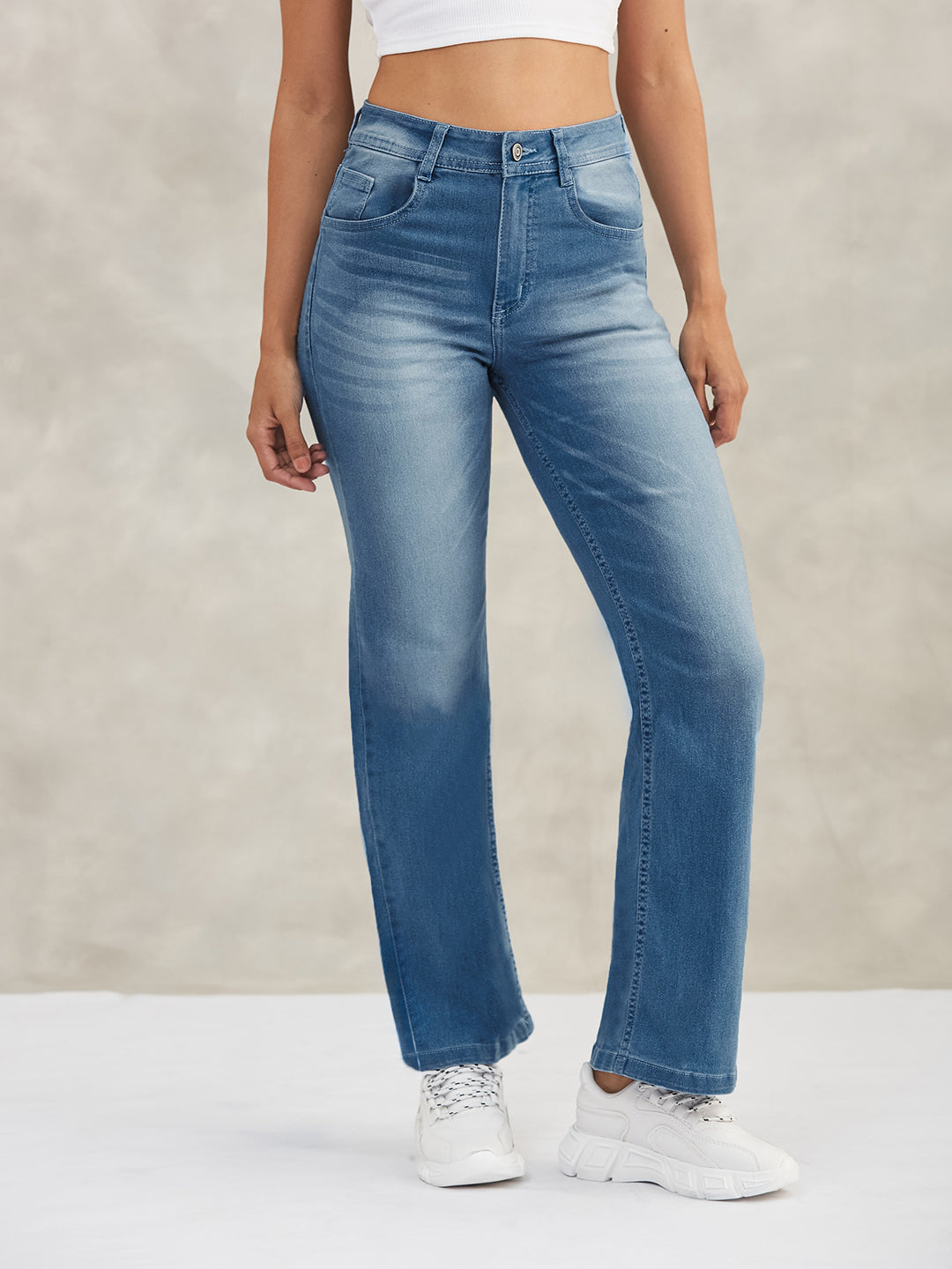 Women's Light Blue Wide-Leg Mid-Rise Blast-Effect Lightweight Denim Jeans