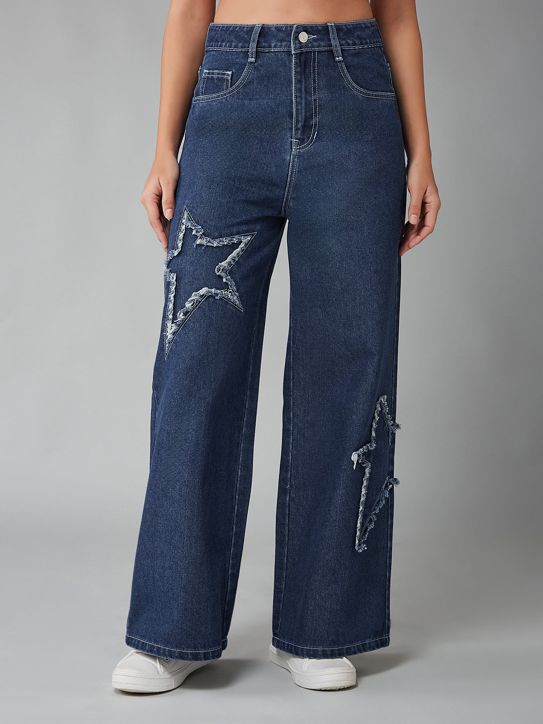 Women's Navy Blue High-Rise Mildly-Distressed Regular-Length Stretchable Denim Wide-leg Jeans
