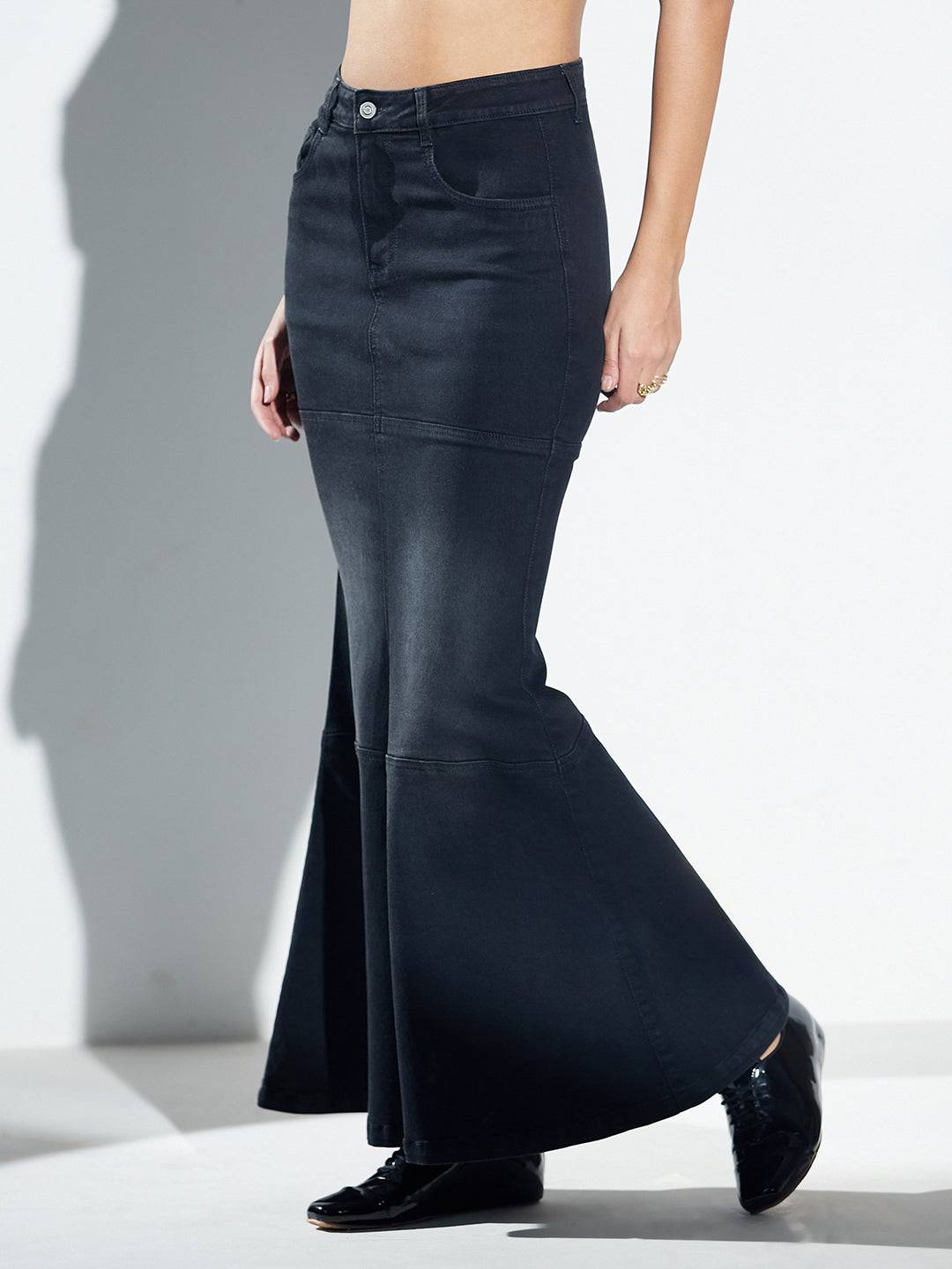 Black Mermaid High-Rise Maxi Stretchable Denim Skirt for Women