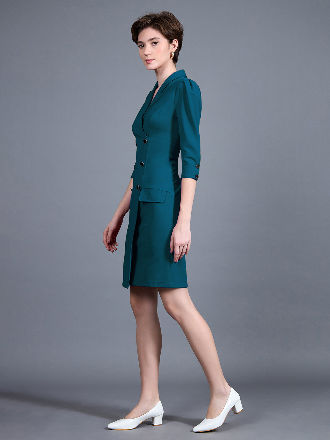 Women's Teal V-neck 3/4 Sleeve Solid Double Breasted Blazer Knee-Long Polyester Dress