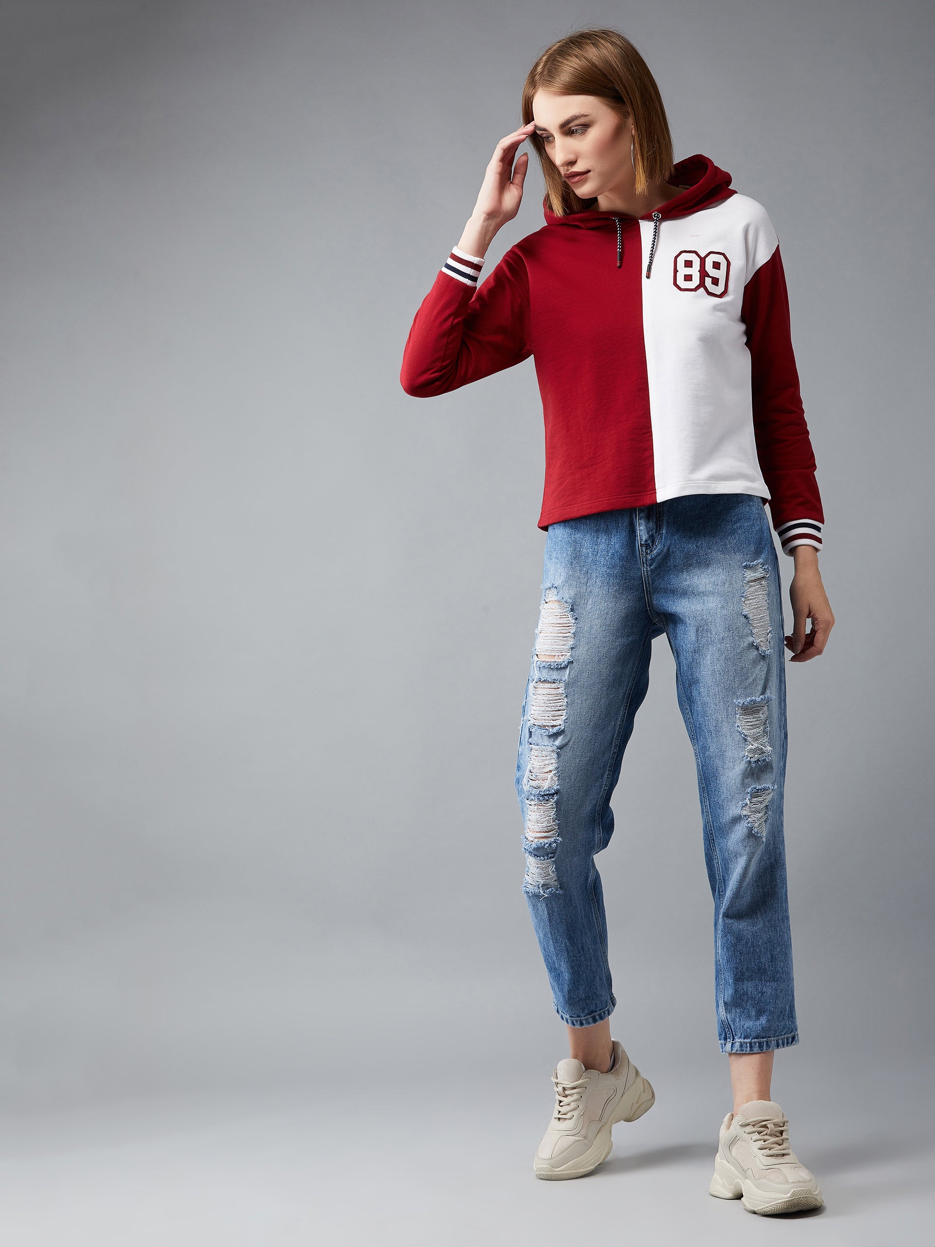 Women's Maroon & White Hooded Full Sleeves Loopknit, Rib Solid Color-Block Drop Shoulder Regular Length Sweatshirt