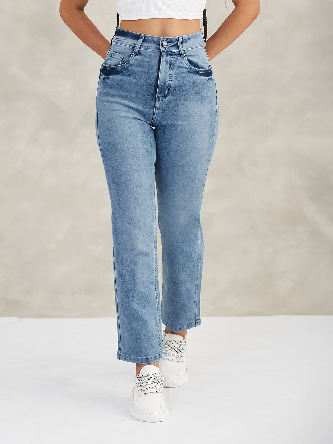 Women's Light Blue Wide-Leg Fit High-Rise Stretchable Denim Jeans