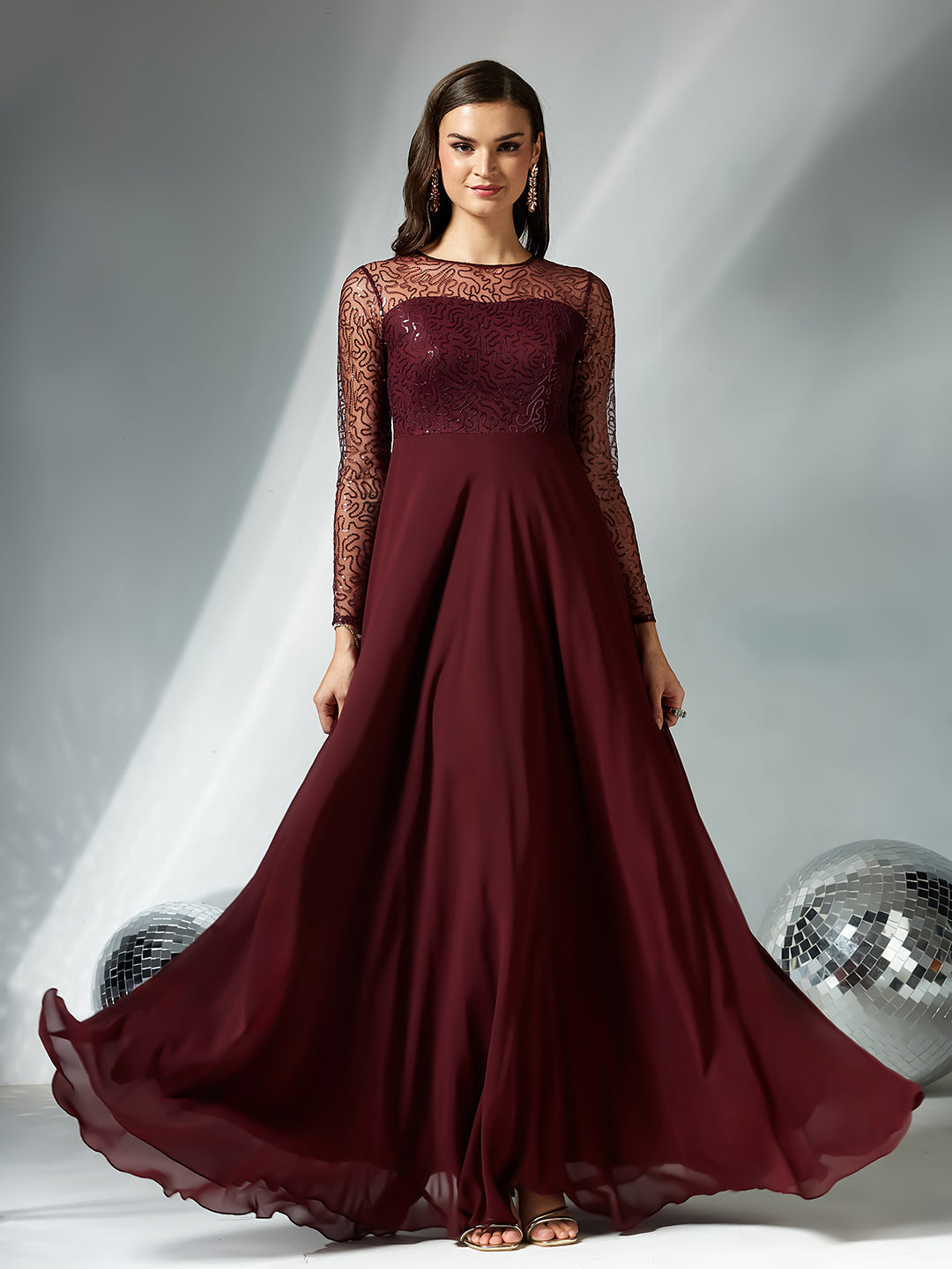 Women's Wine Solid Embellished Maxi Dress