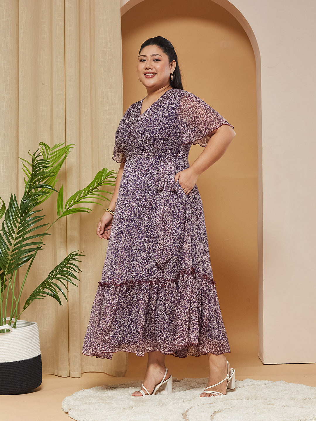 Multicolored-Base-Purple V-Neck Flared-Sleeves Floral Wrap Chiffon Maxi Dress for Women