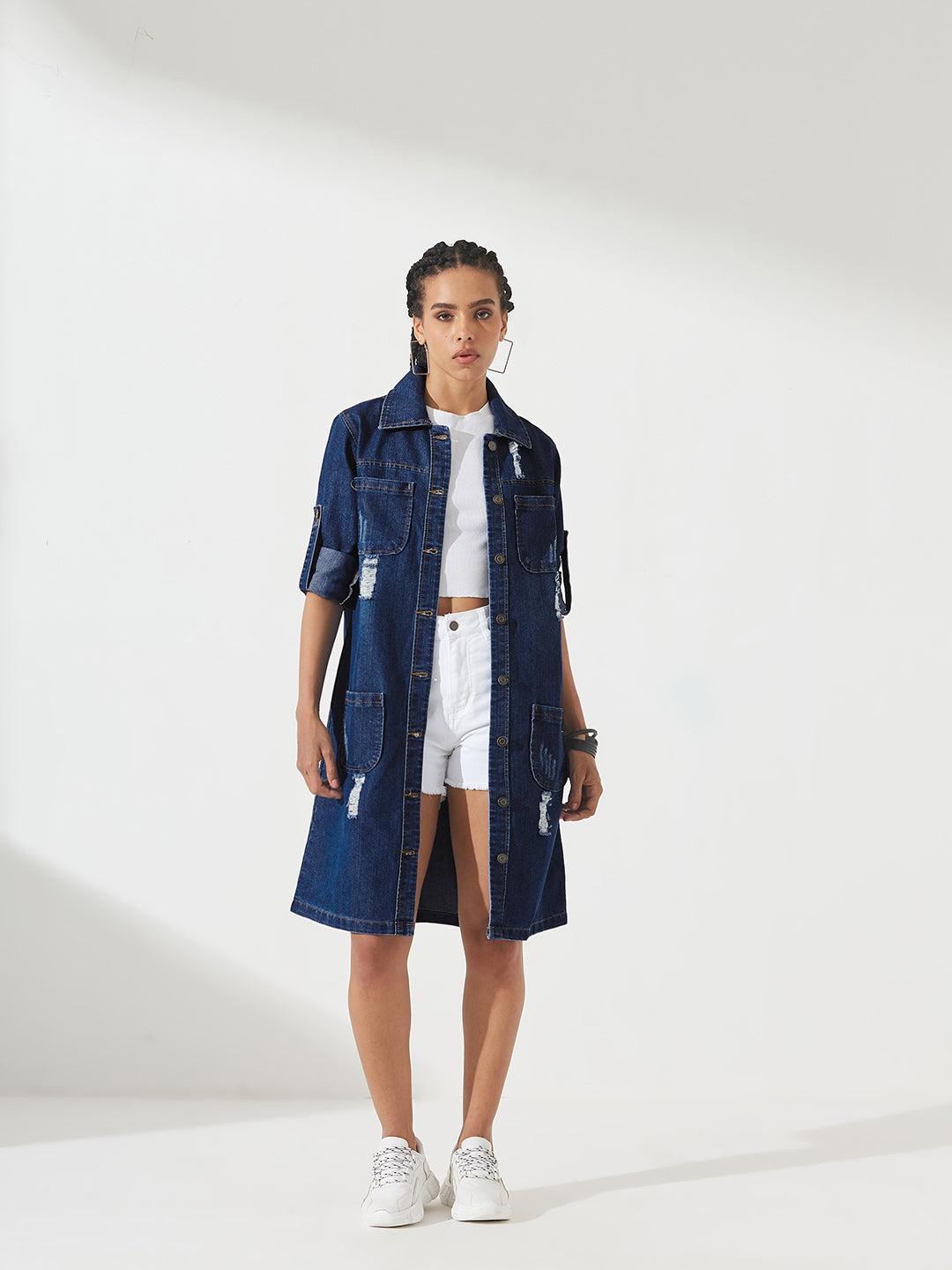Navy-Blue Solid Polo Neck Full Sleeves Patch Pocket Denim Overcoat Knee-Length Jacket for Women