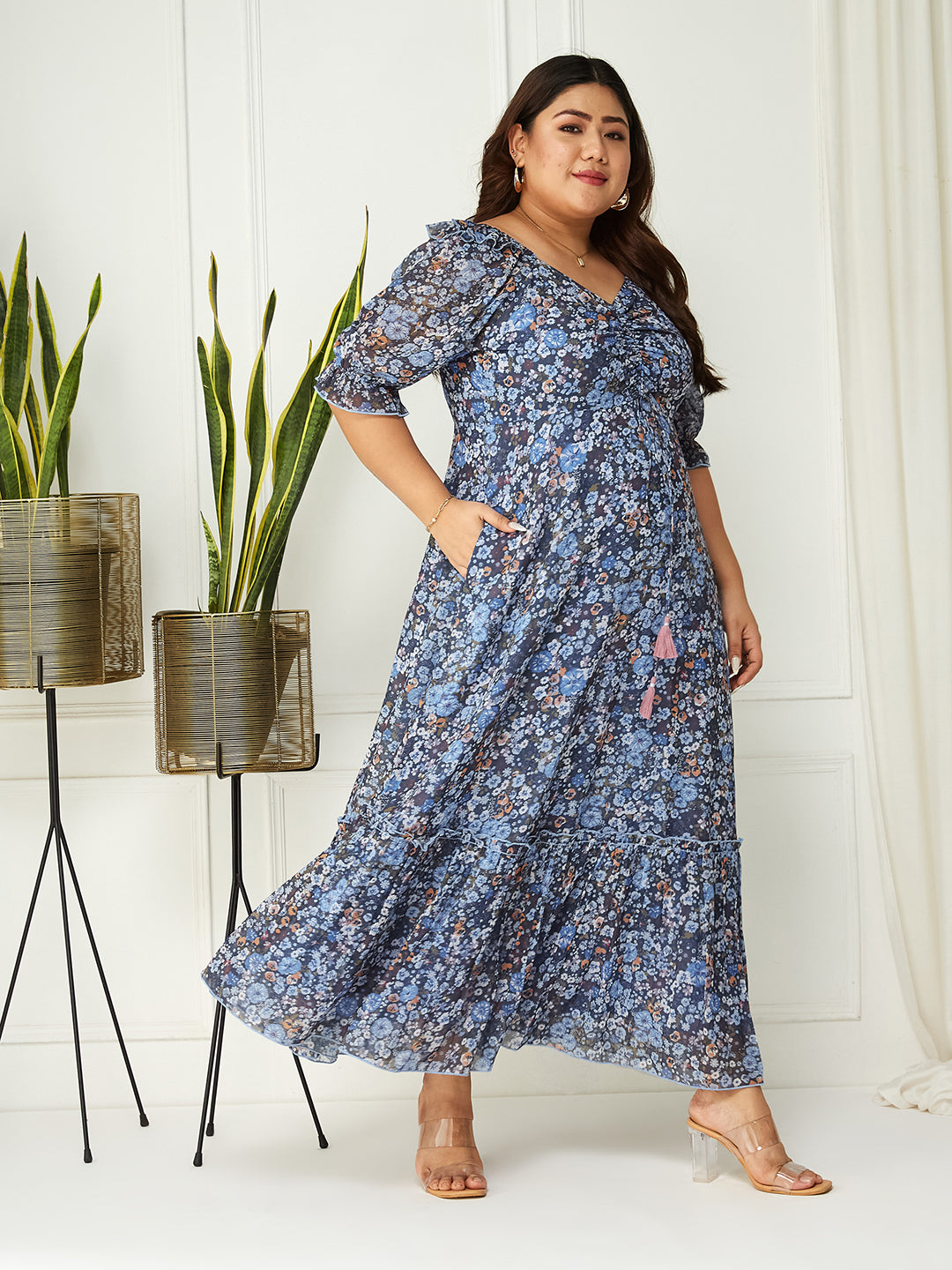 Women's Multicolored-Base-Navy Blue V-Neck Puff Sleeve Floral Ruching Ankle-Length Dress