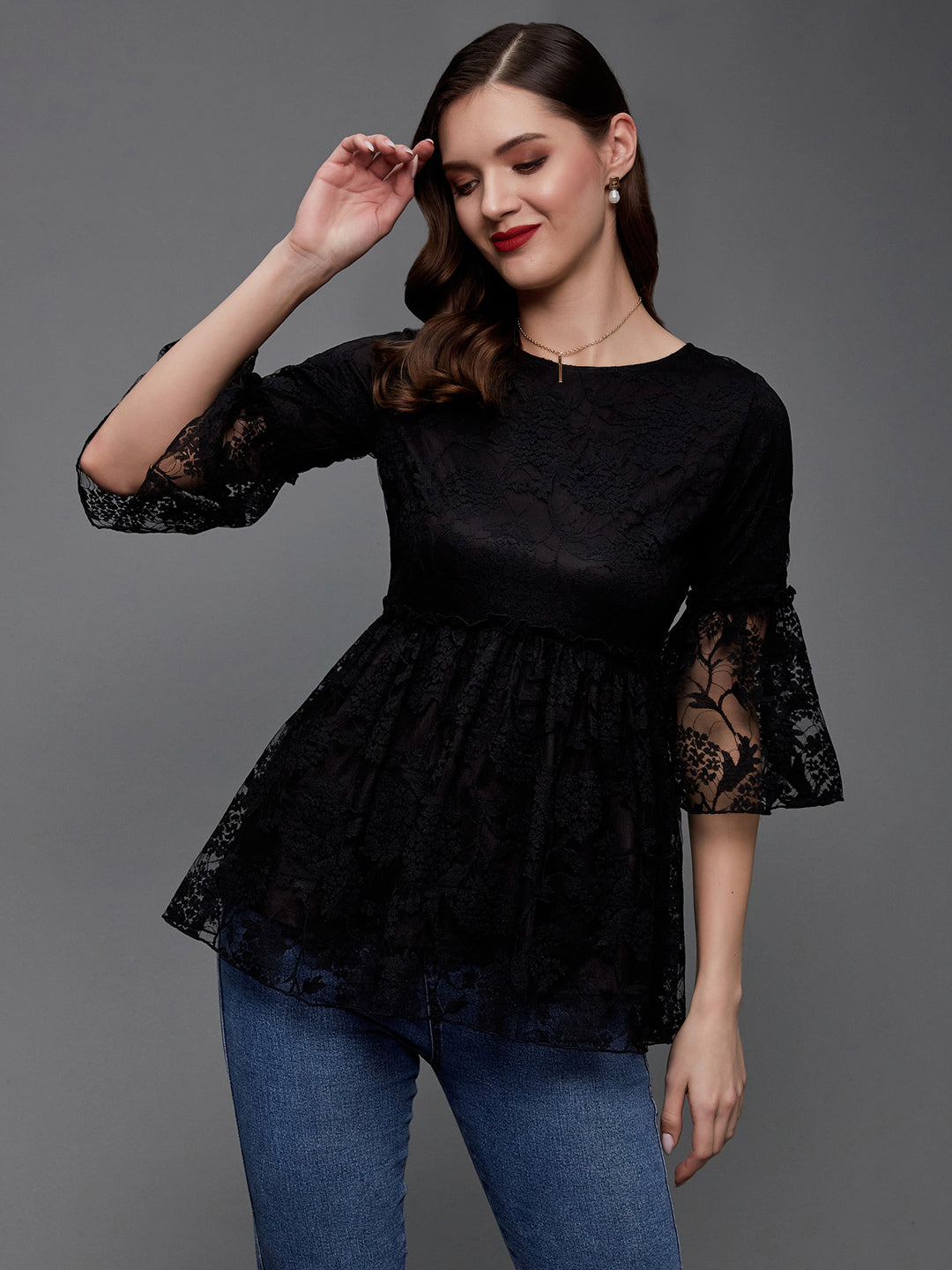 Women's Black Relaxed Fit Regular Lace Top