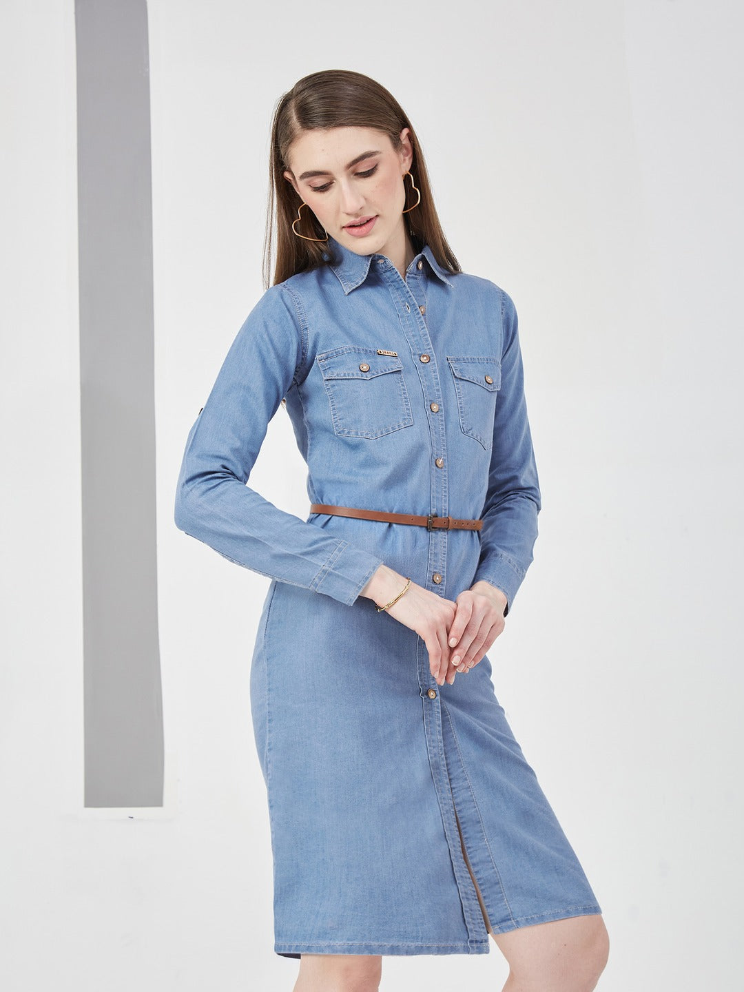 Blue Polo Neck Rolled Up Full Sleeve Denim Solid Buttoned A-Line Mini Dress for Women