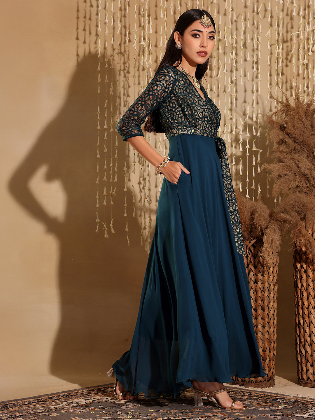 Women's Teal Floral Printed Relaxed Fit V-Neck 3/4th Sleeve Maxi Dress