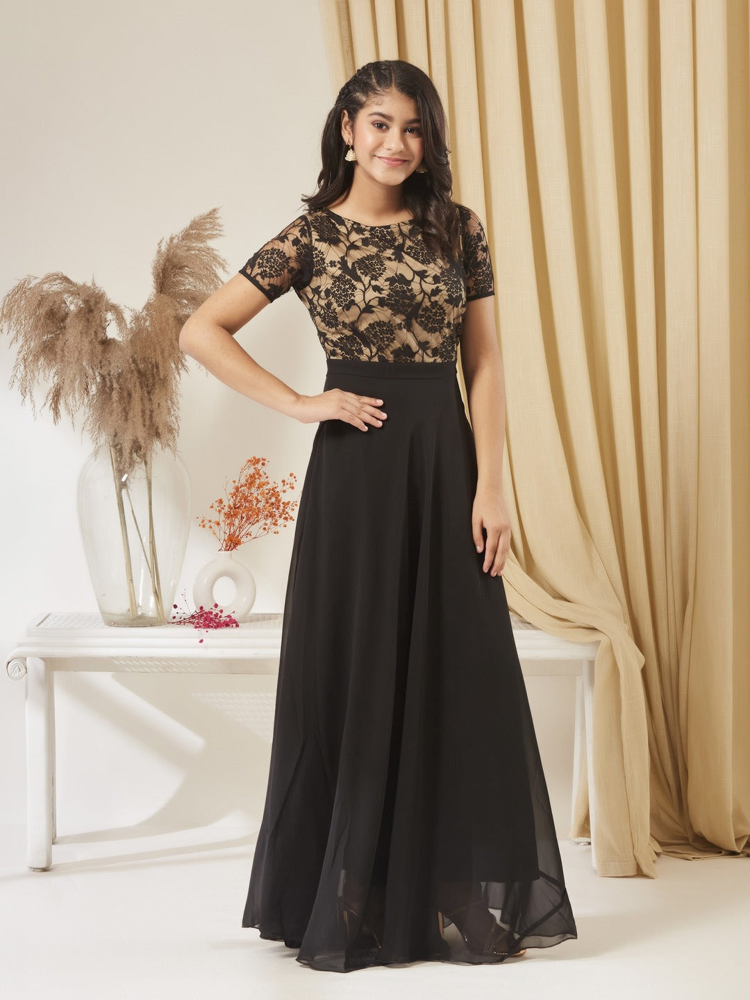 Black Round Neck Half Sleeve Self Design Fit & Flare Georgette Maxi Dress for Girls/Teenagers