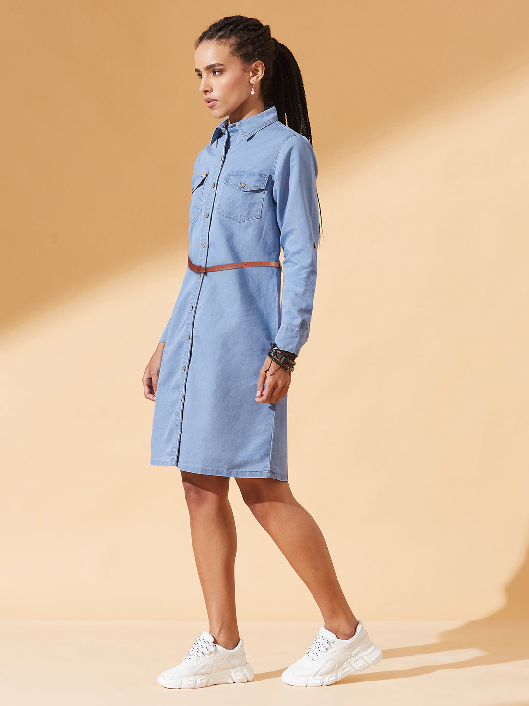 Blue Polo Neck Rolled Up Full Sleeve Denim Solid Buttoned A-Line Mini Dress for Women — Dolce Crudo