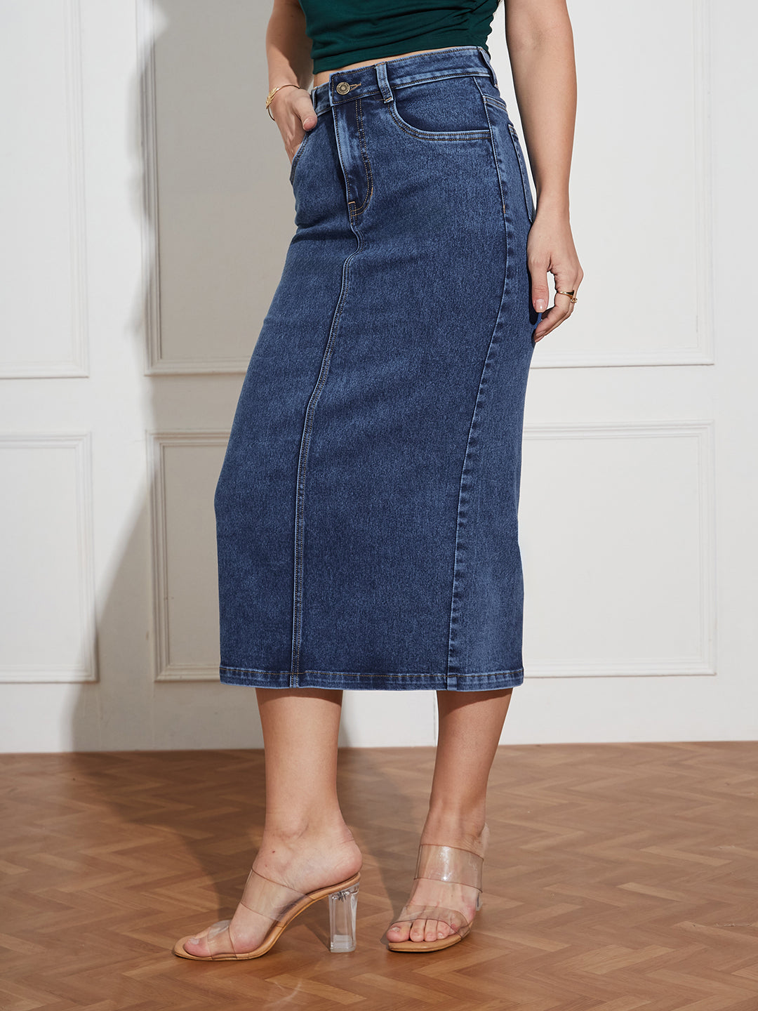 Women's Dark Blue High-Rise Stretchable Denim Midi Skirt with Back Slit – Shaping Fit