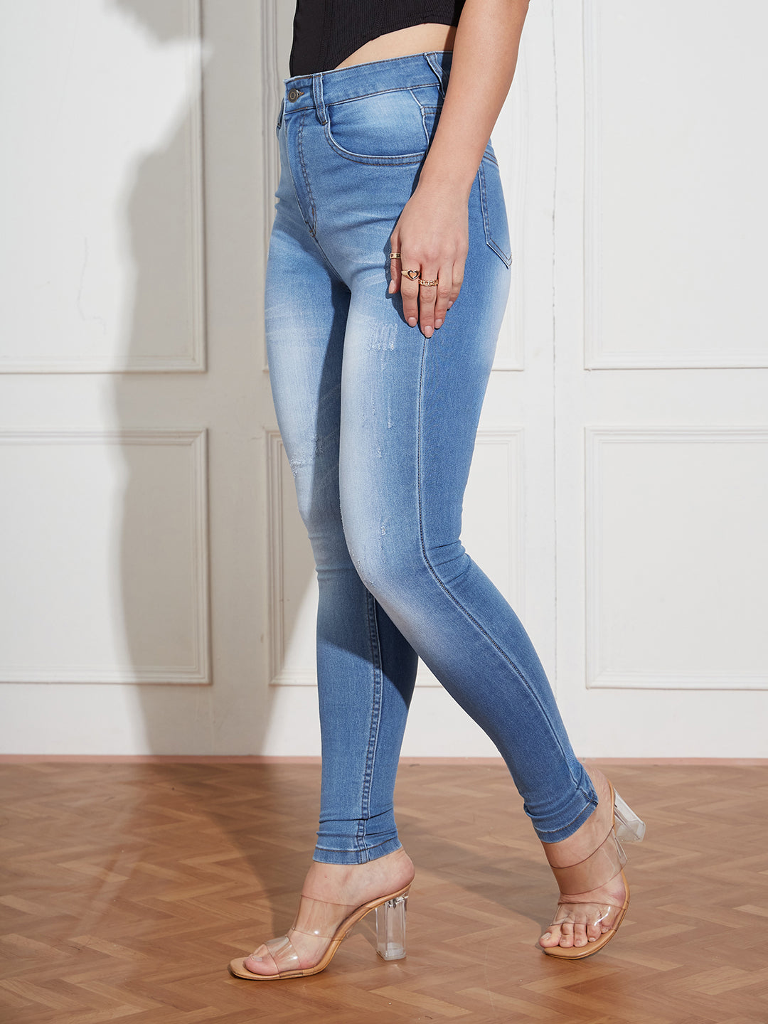 Women's Blue High-Rise Mildly-Distressed Regular-Length Stretchable Denim Skinny Jeans