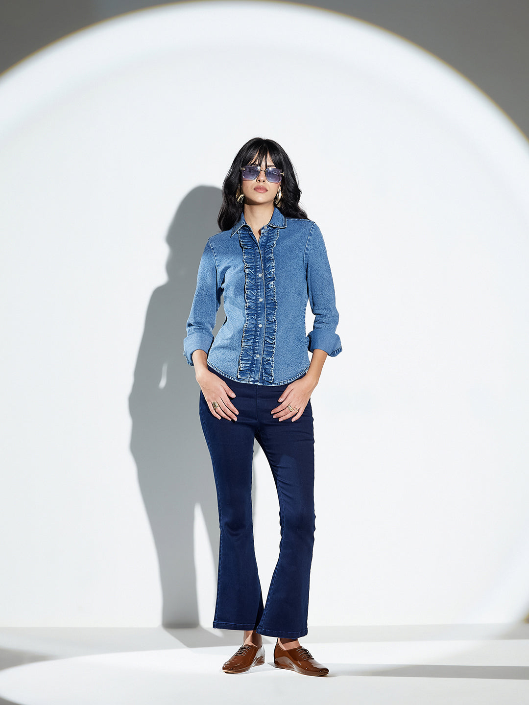 Navy Blue Ruffled Placket Denim Shirt with Pearl Buttons for Women