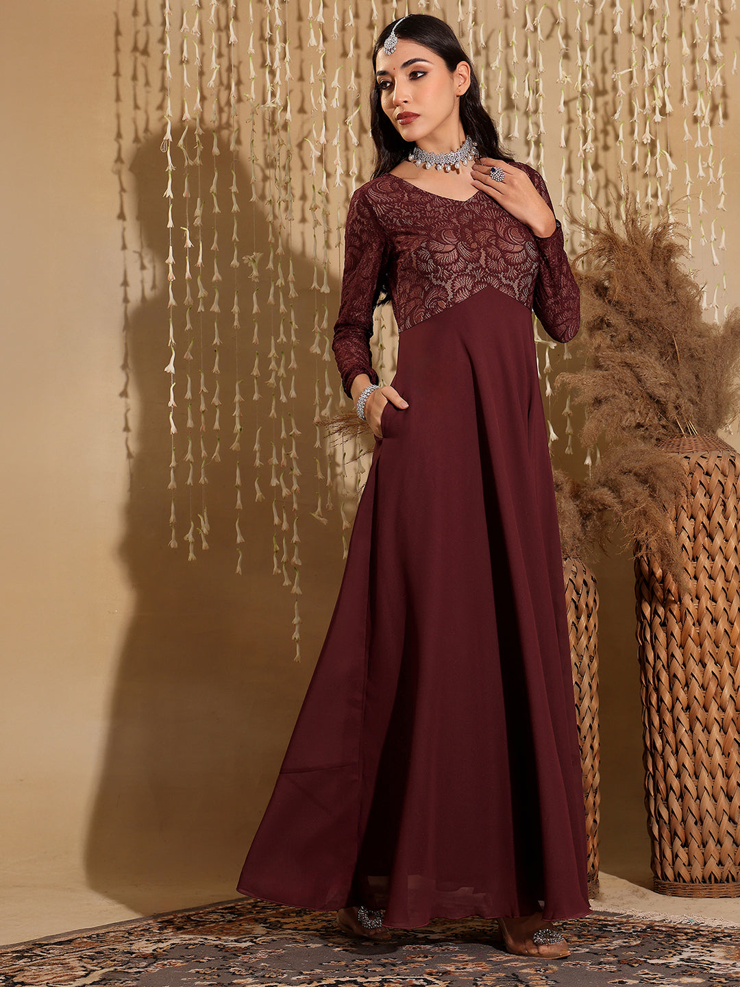Women's Wine V-Neck Full Sleeve Self Design Lace-Overlaid Georgette Maxi Dress