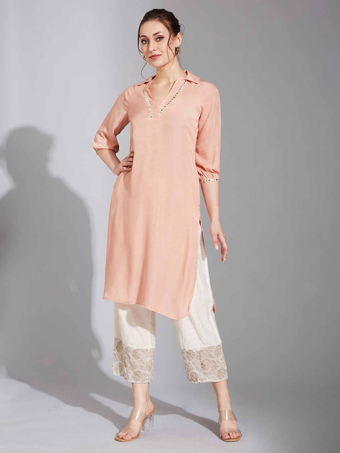 Women's Peach Colored Shirt Collar Full Sleeve Solid Raglan Knee-Long Polyester Kurta