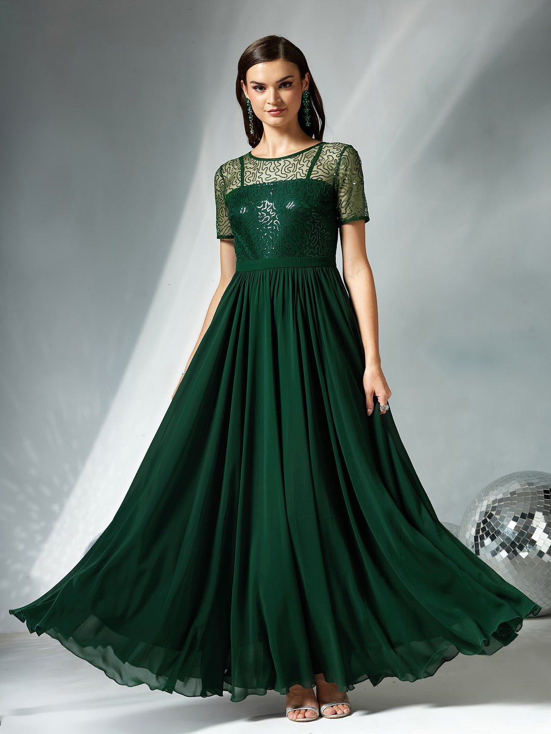 Dark Green Relaxed Fit Maxi Georgette & Sequins Dress for Women