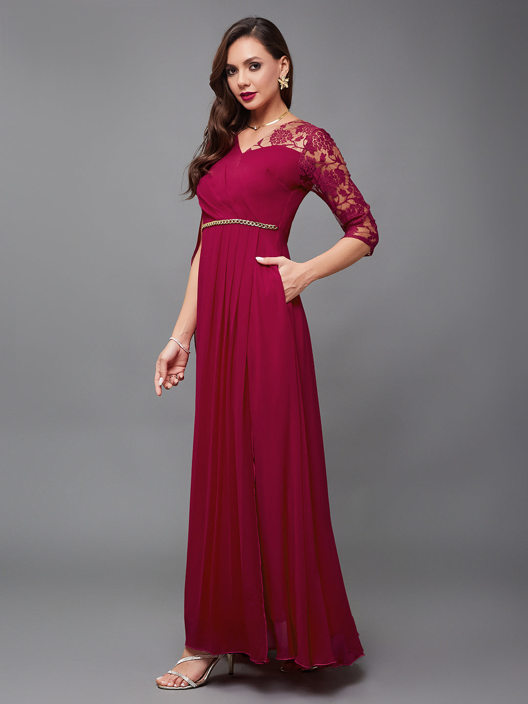 Women's Dark Pink V-Neck Asymmetric Self-Designed Georgette Maxi Party Dress