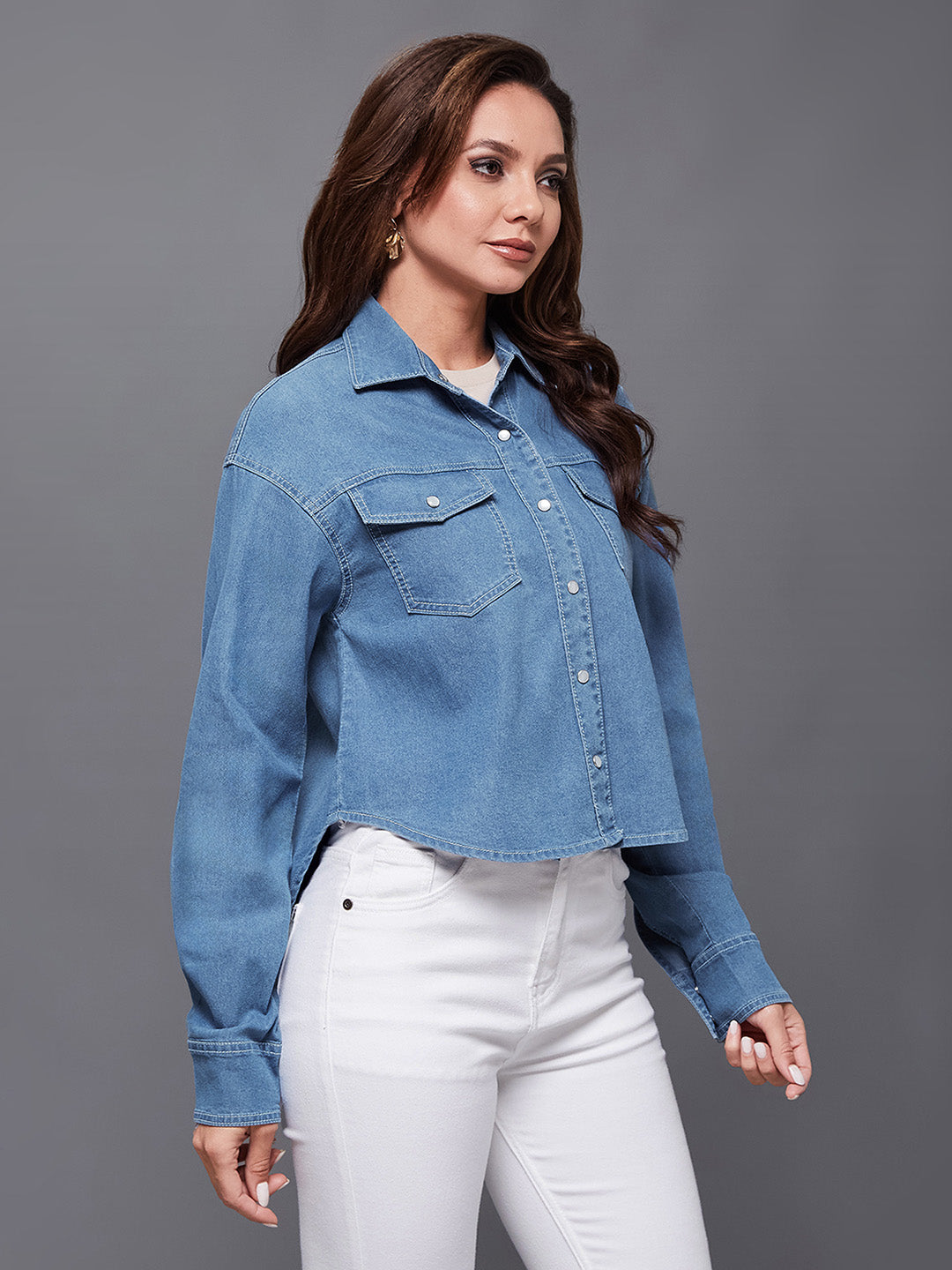 Women's Mid Blue Shirt Collar Full Sleeve High Low Solid Crop Denim Shirt