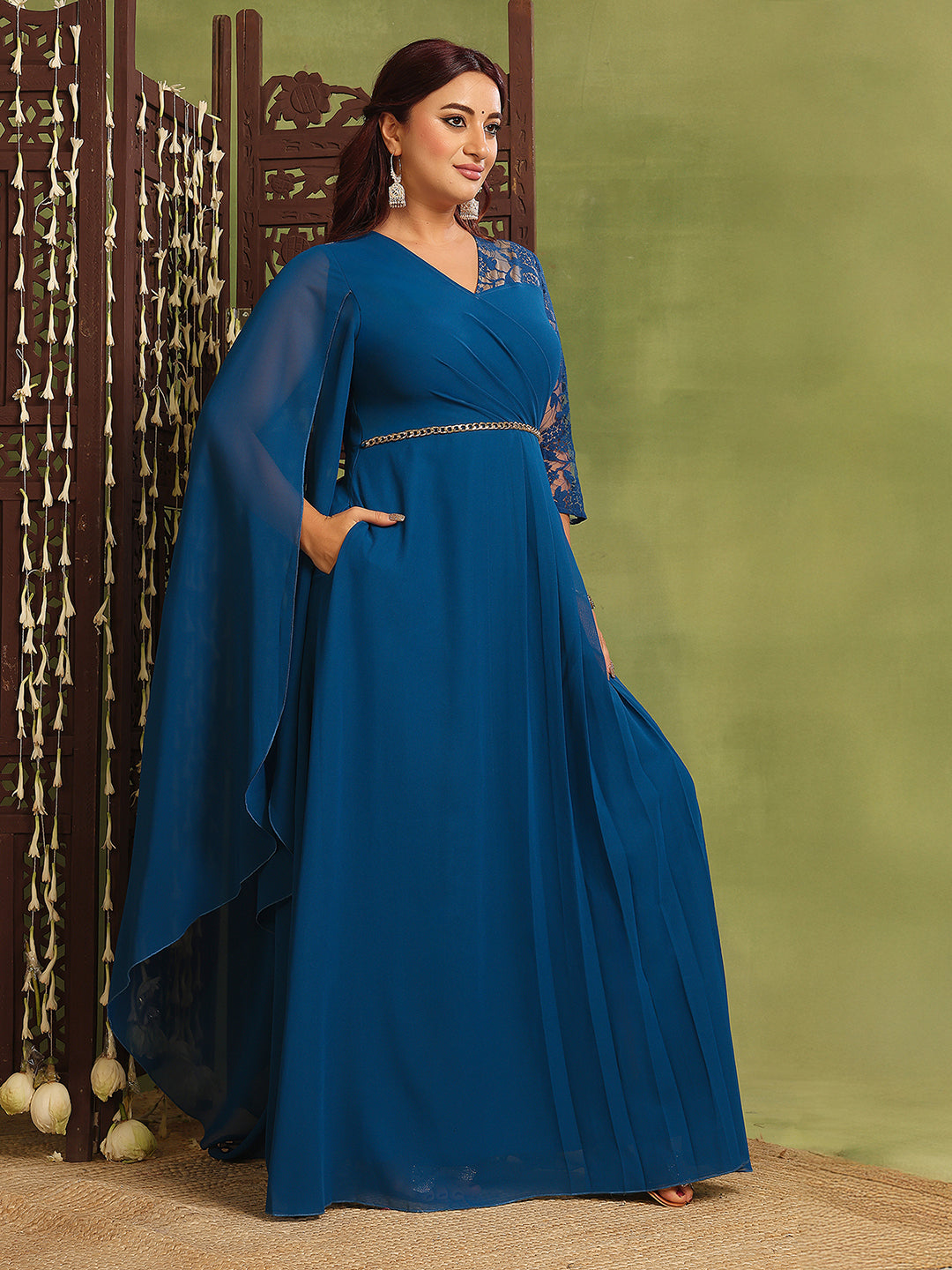 Women's Royal Blue V-Neck Asymmetric Embellished Maxi Georgette Dress