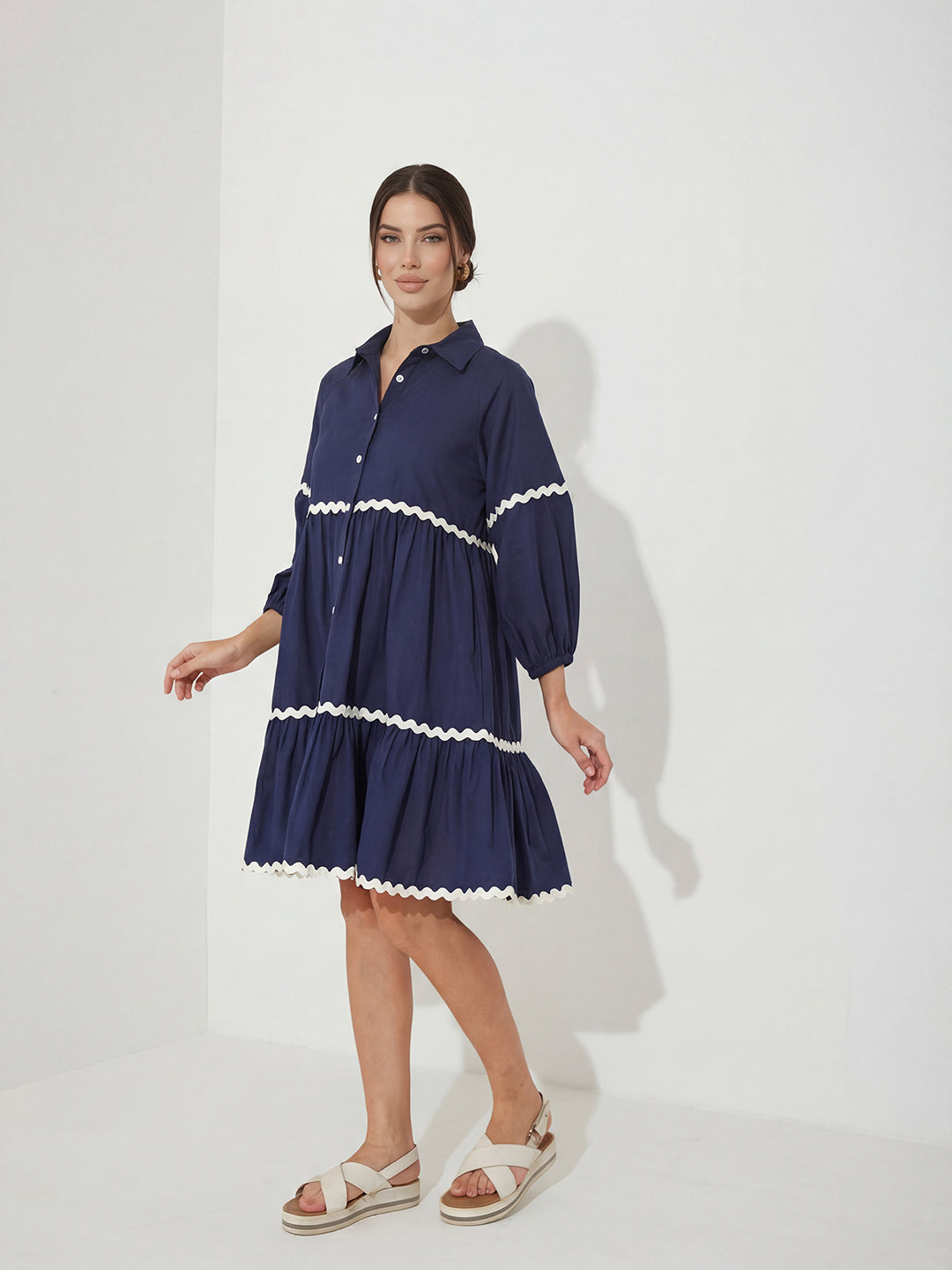 Navy Blue Cotton Shirt Dress with Balloon Sleeves and Classic Collar for Women