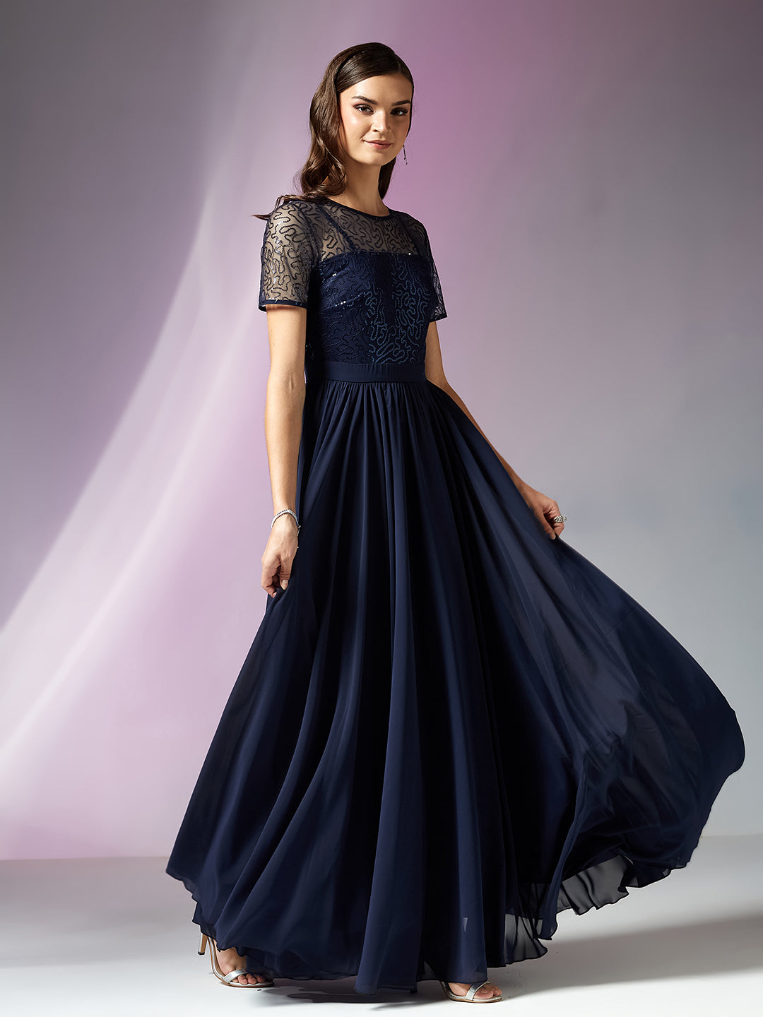 Navy Blue Relaxed Fit Maxi Georgette & Sequins Dress for Women