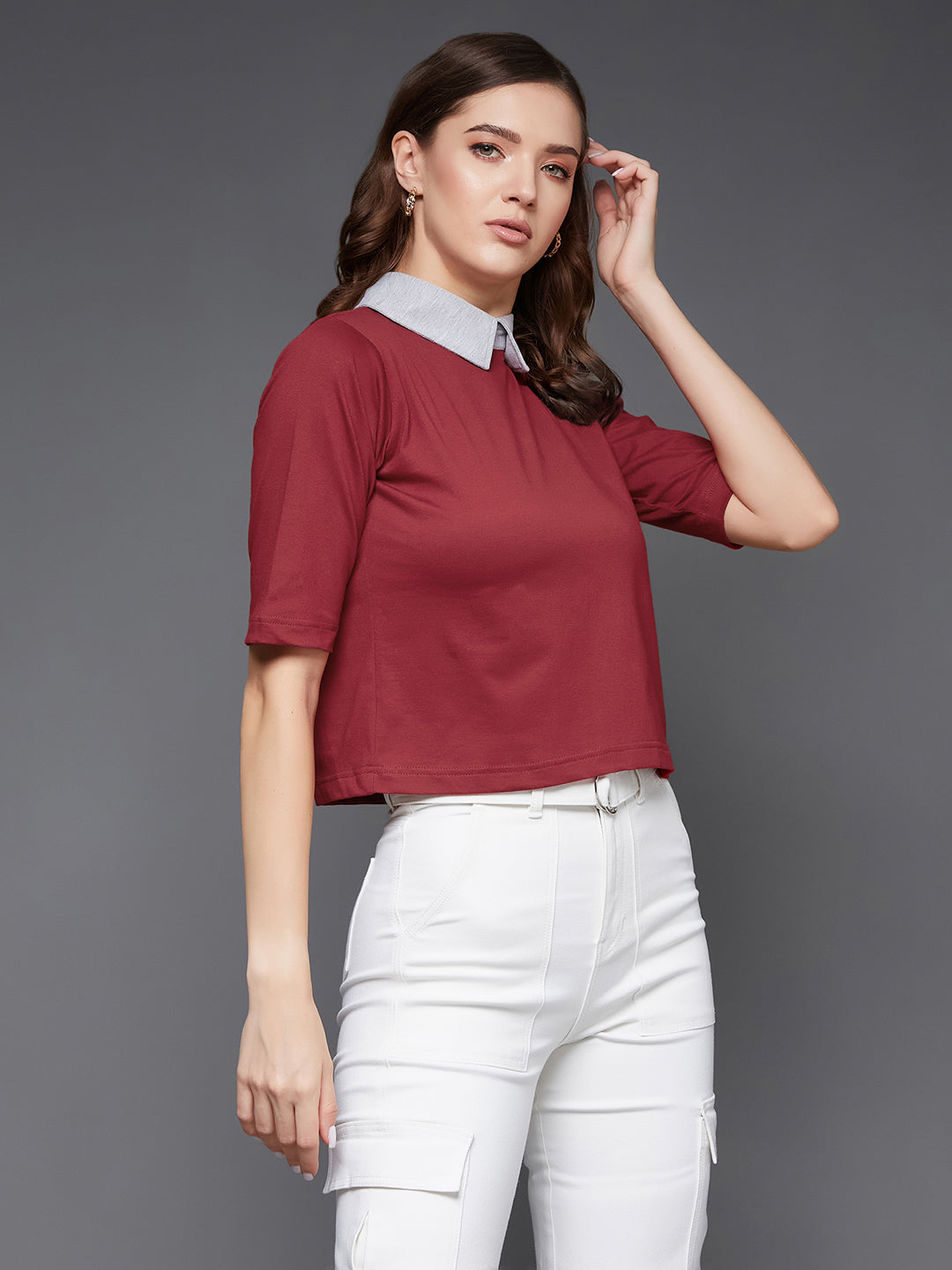 Women's Maroon & Grey Half Sleeves Round Neck Solid Crop Top