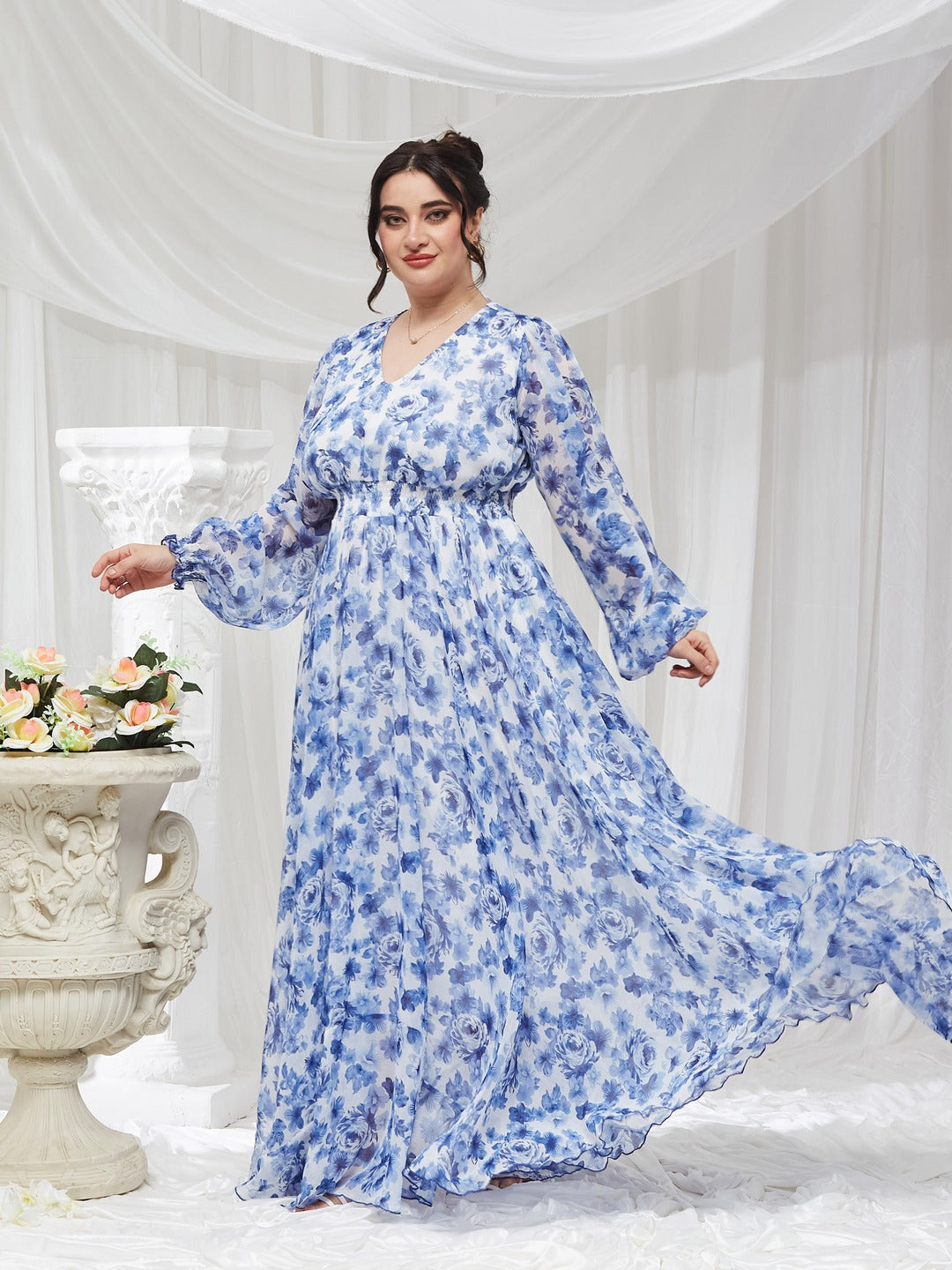 White V-Neck Full Sleeve Floral Gathered Chiffon Maxi Dress for Women