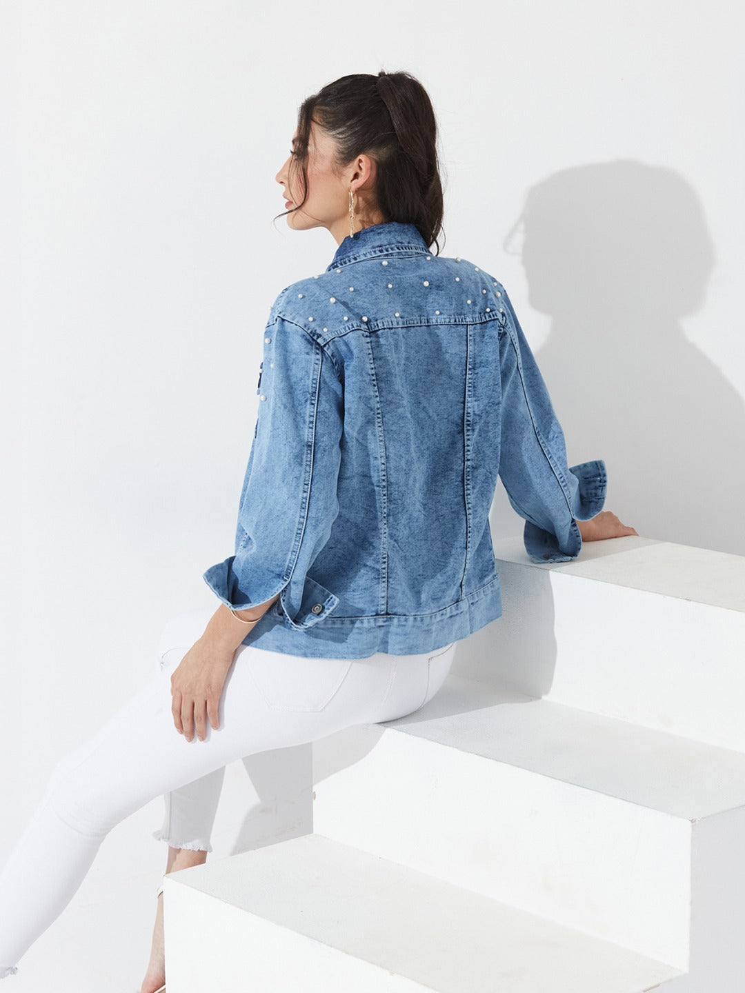 Light Blue Full Sleeve Solid Embellished Pearl Denim Jacket for Women