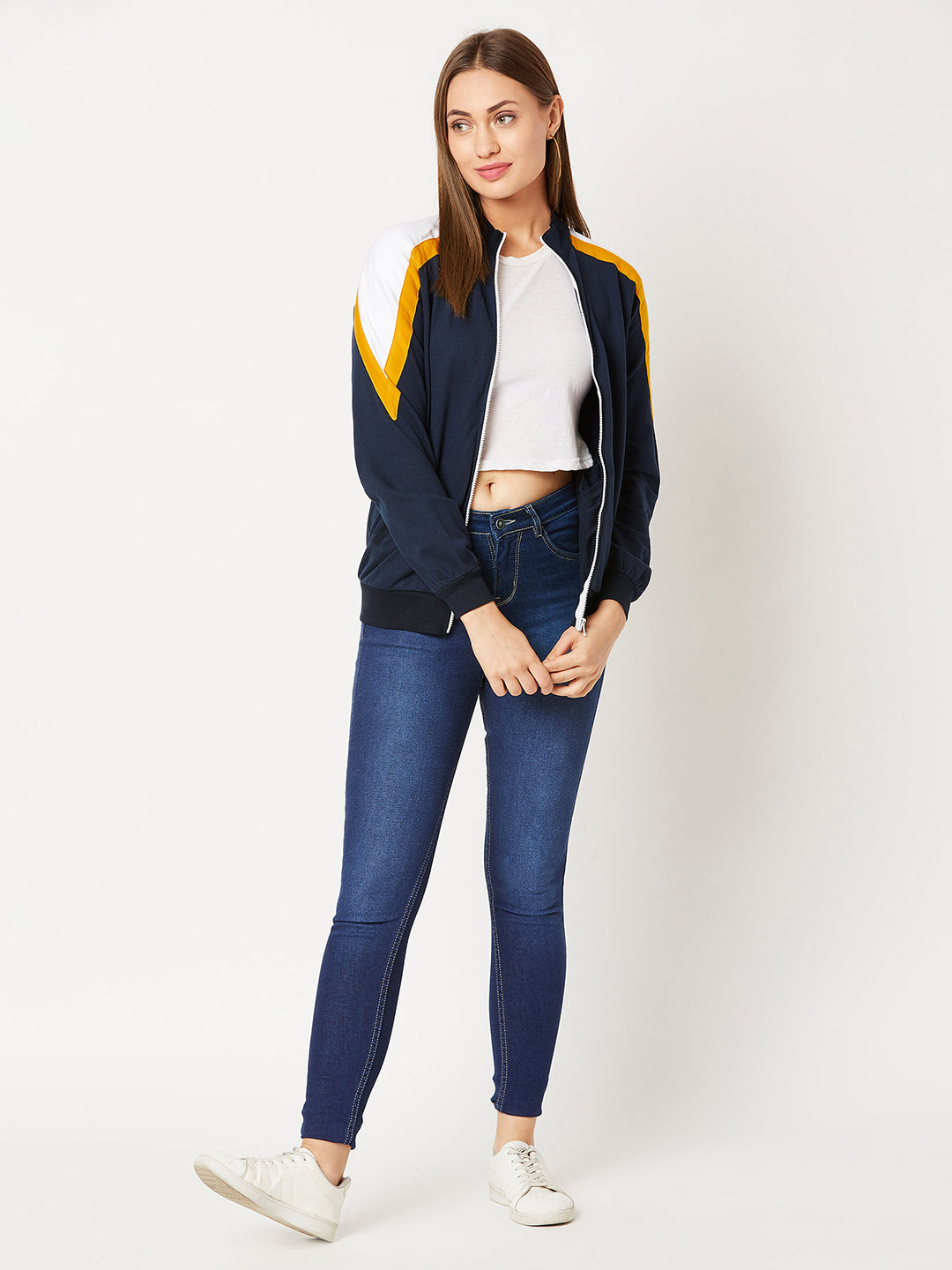 Women's Multicolored-Base-Navy Blue Turtle-neck Full sleeves Solid Color-Block Regular length Jacket