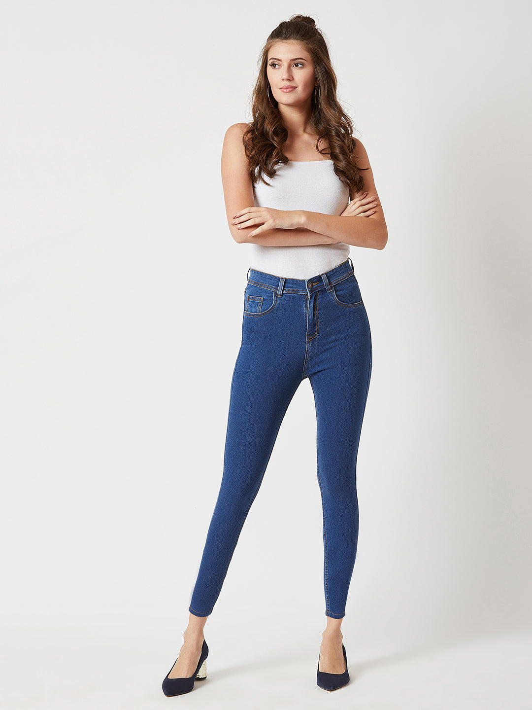 Women's Blue Skinny High-Rise Distressed Cropped Denim Jeans