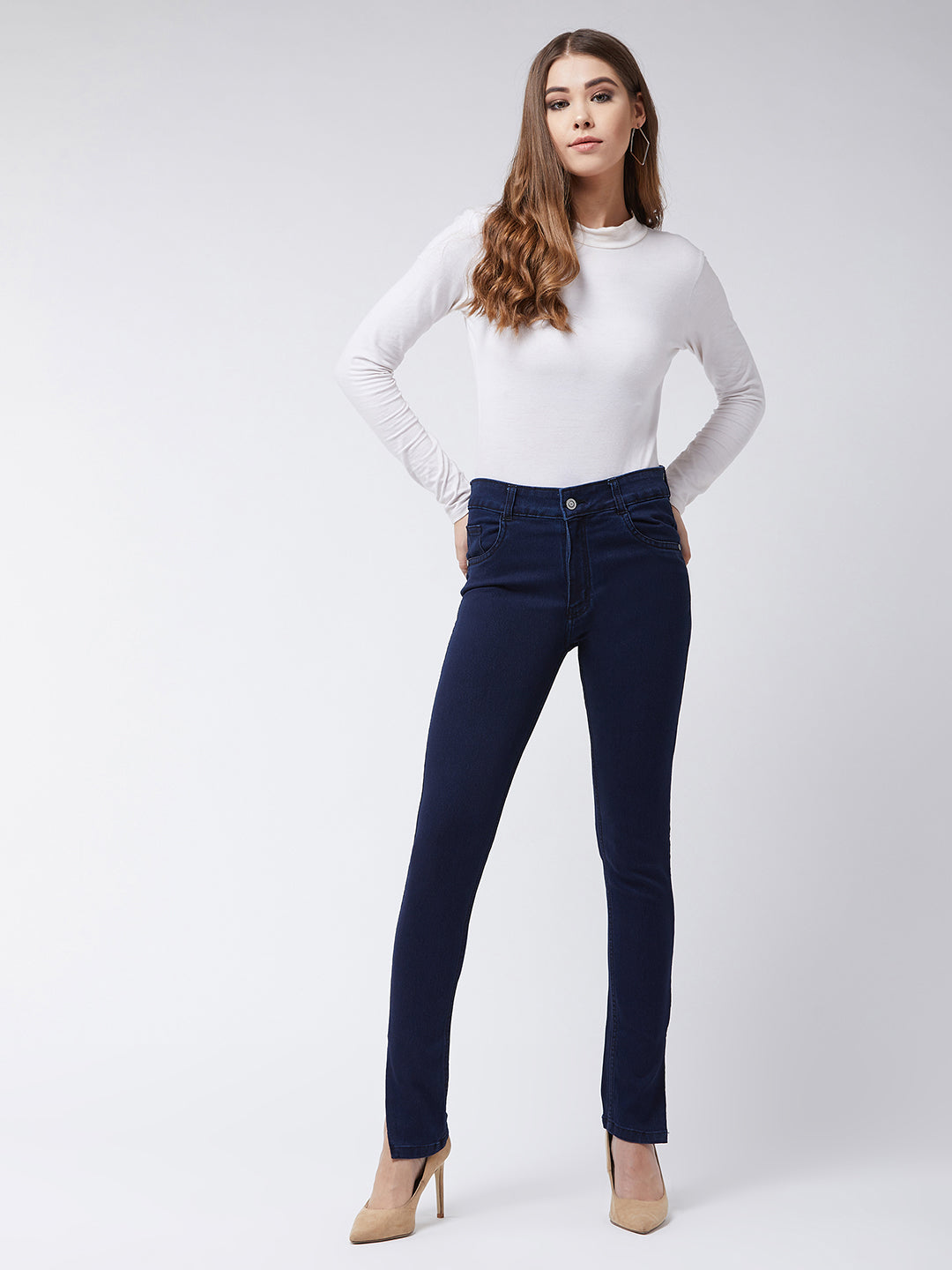 Women's Navy Blue Skinny Fit Mid Rise Cropped Length Side Slit Denim Stretchable Jeans