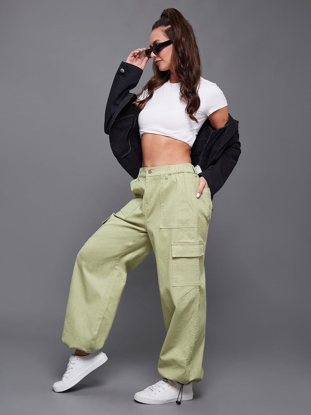 24/7 comfort Cotton Olive Wide Leg High Rise Stretchable Denim Parachute Pant