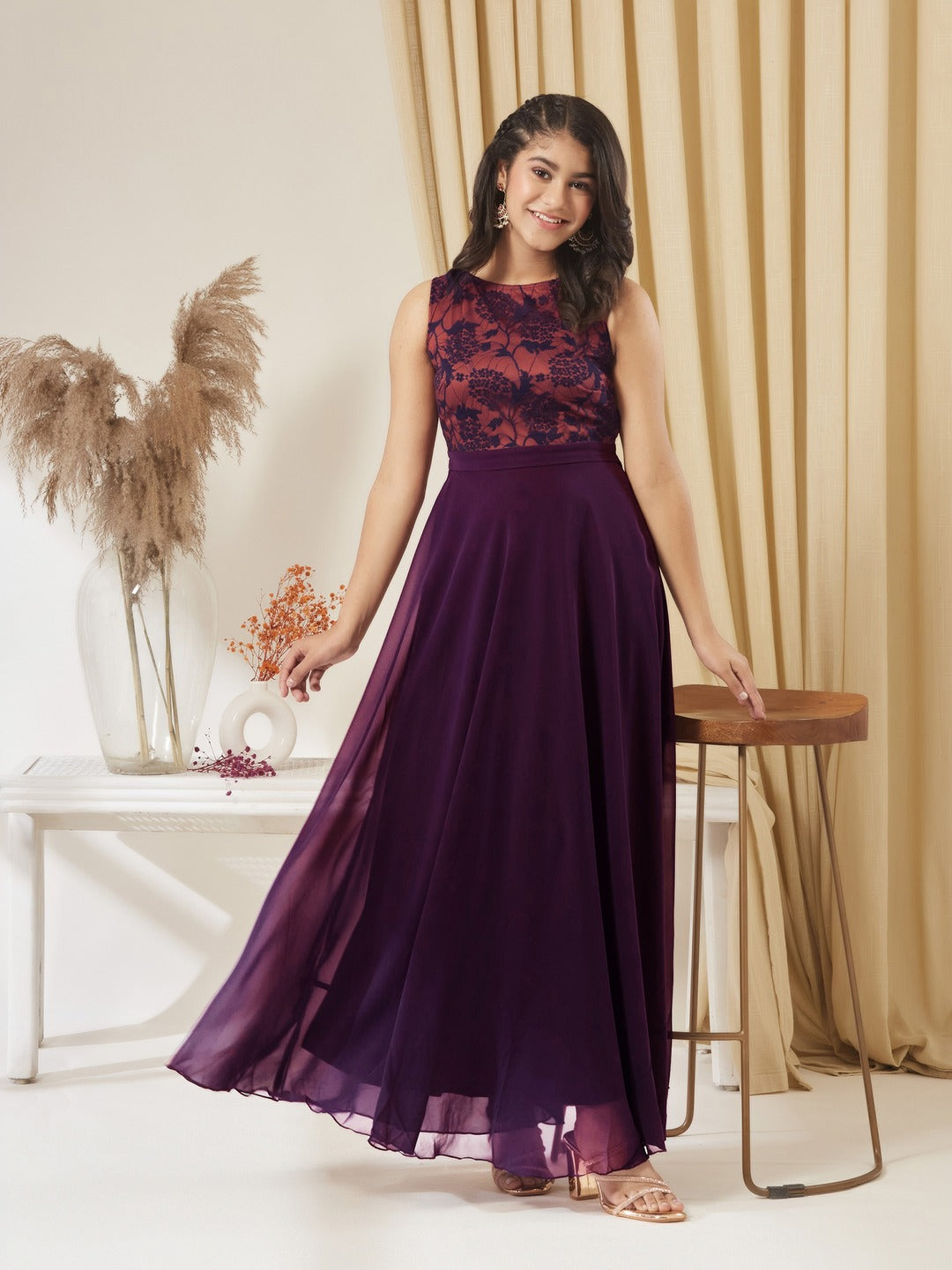 Dark Purple Round Neck Sleeveless Georgette & Lace Floral Fit & Flare Maxi Dress for Girls/Teenagers