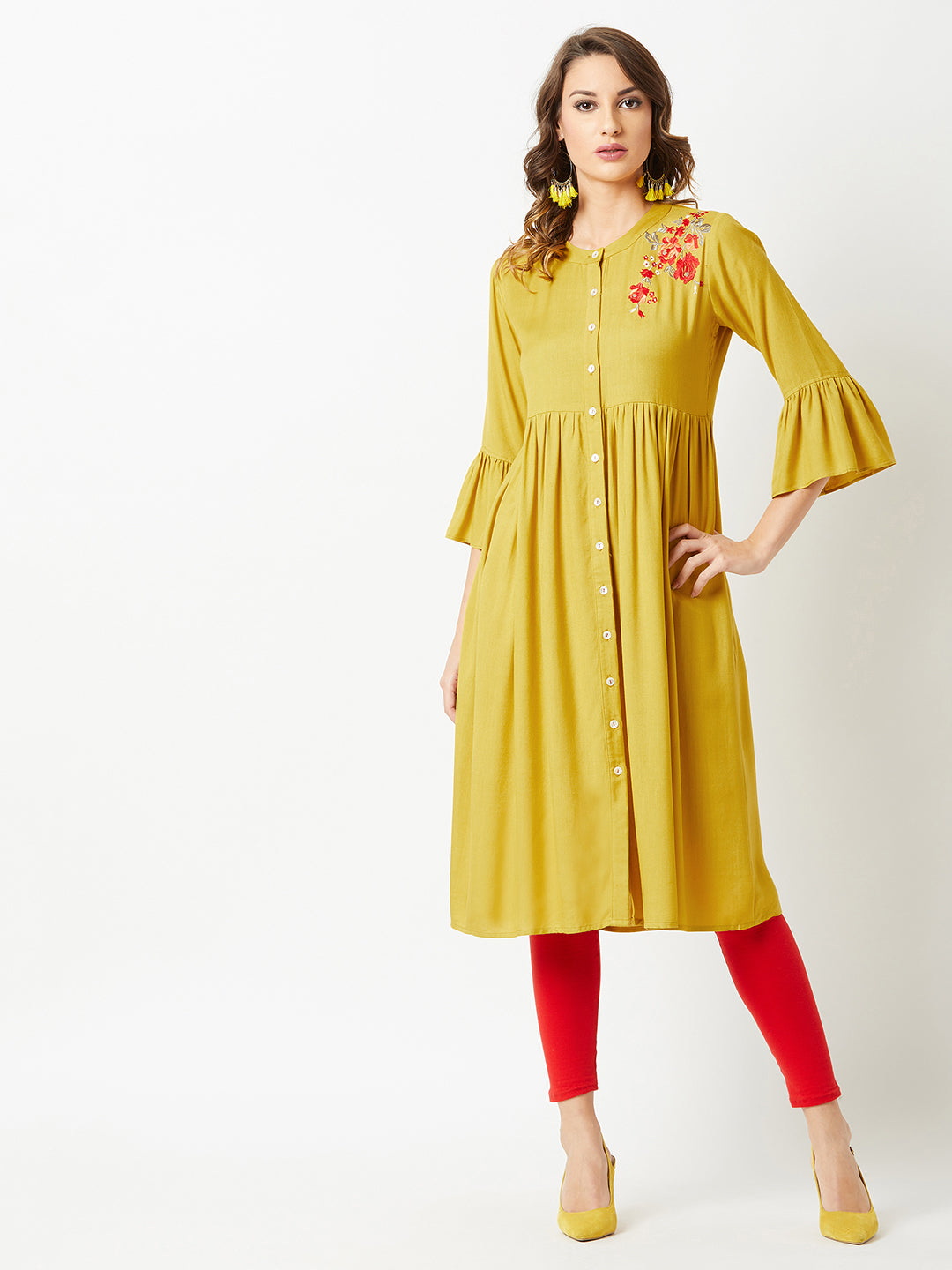 Women's Mustard Round Neck 3/4th Sleeve Solid Embroidered Gathered Midi Dress