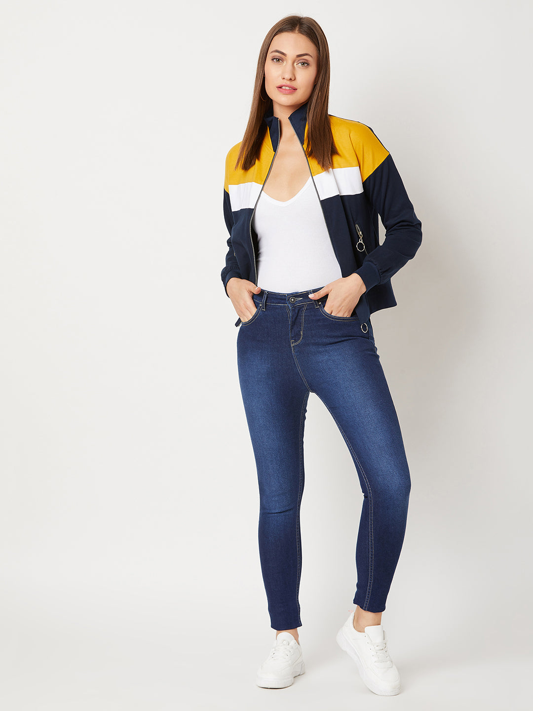 Multicolored-Base-Navy-Blue Turtle-neck Full sleeved Solid Color-Block Jacket for Women