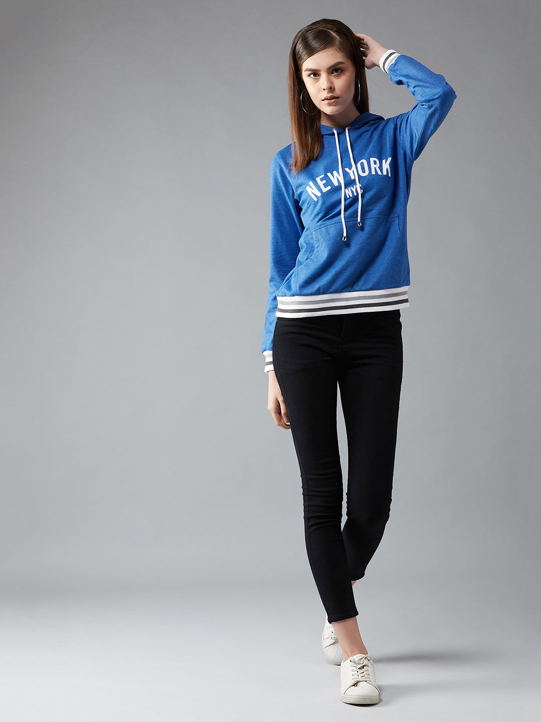 Women's Azure Blue Hooded Full Sleeves Screen Printed Eyelet Detailing Regular Length Sweatshirt