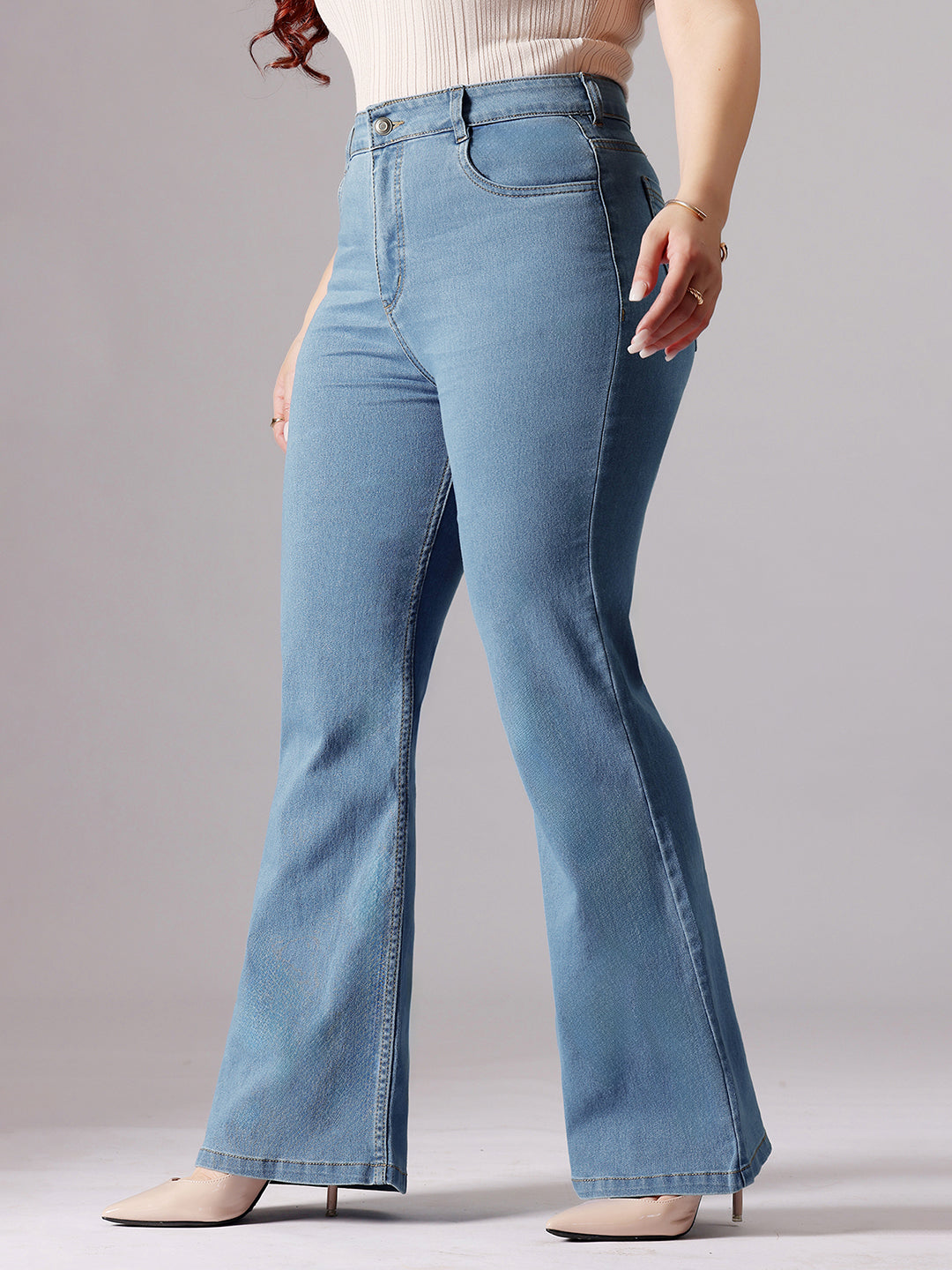 Women's Light Blue Bootcut High-Rise Clean-Look Stretchable Denim Jeans