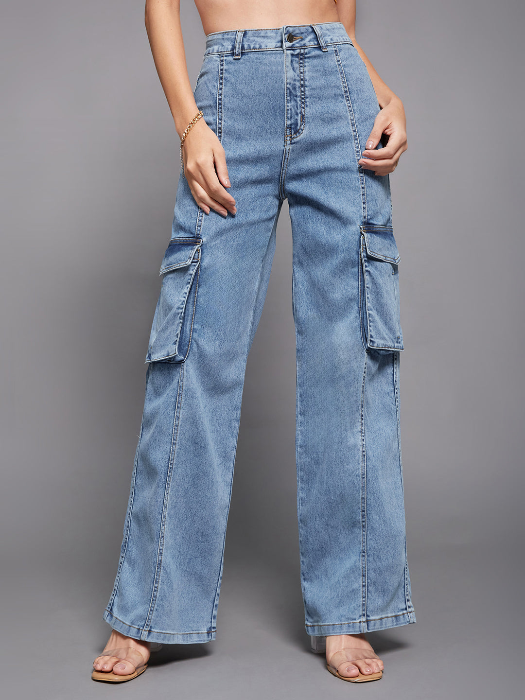 Women's Blue Wide-Leg High-Rise Clean-Look Regular-Length Stretchable Patch-Pocketed Denim Jeans