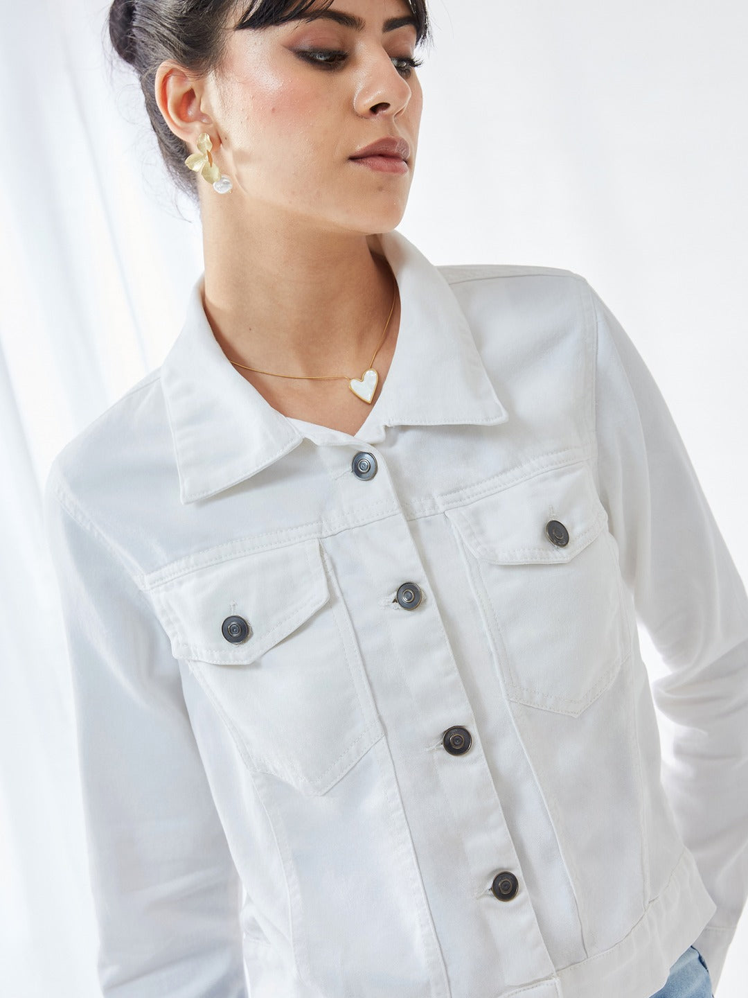 White Polo Neck Full Sleeves Denim Solid Cropped Jacket for Women