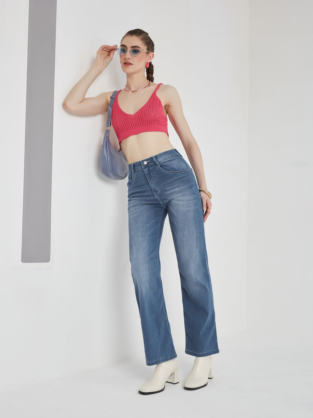 Light Blue Wide-Leg Mid Rise Blast Effect Light Weight Denim Jeans for Women